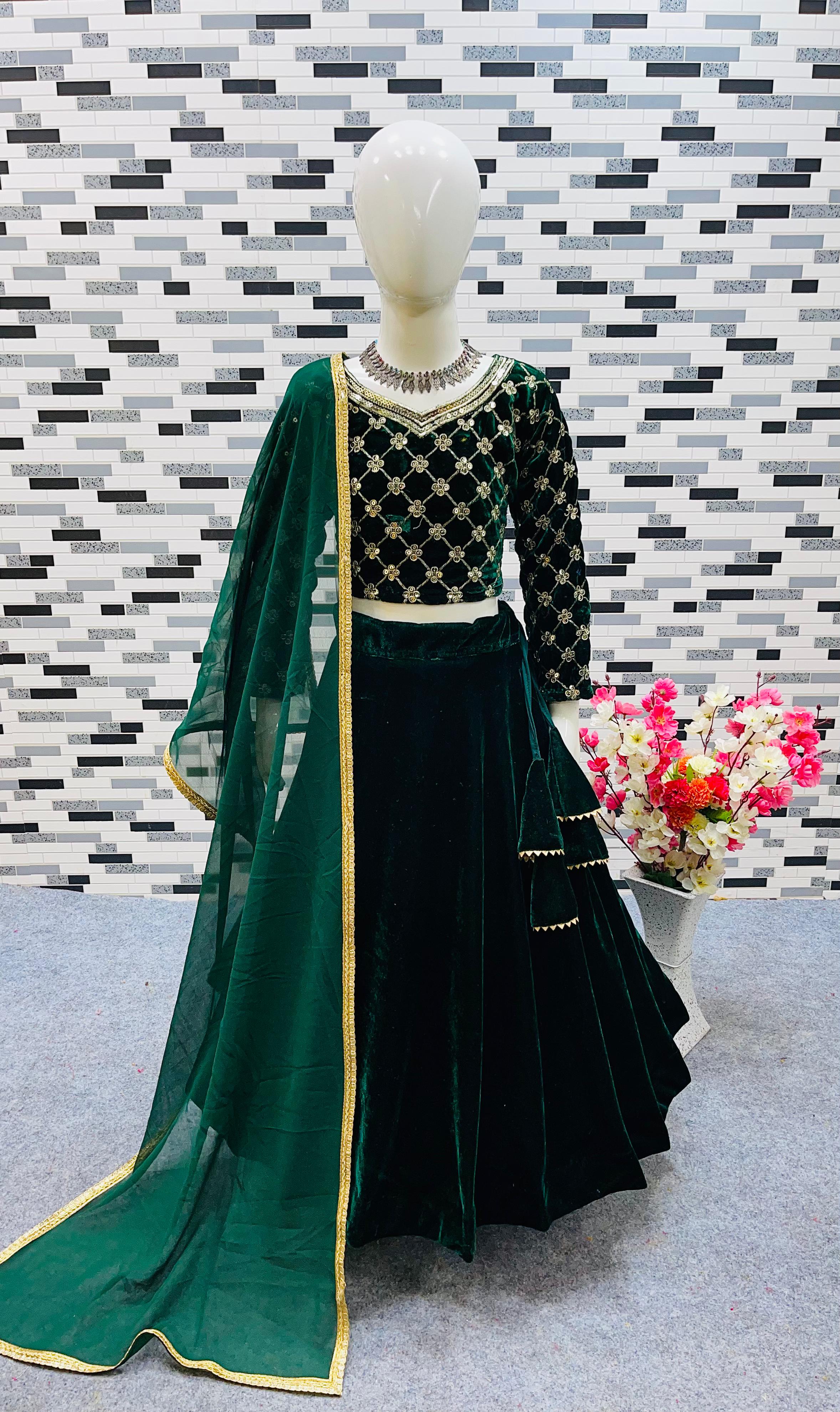 Embellished Green Color Velvet With Embroidery Sequence Work Lehenga Choli