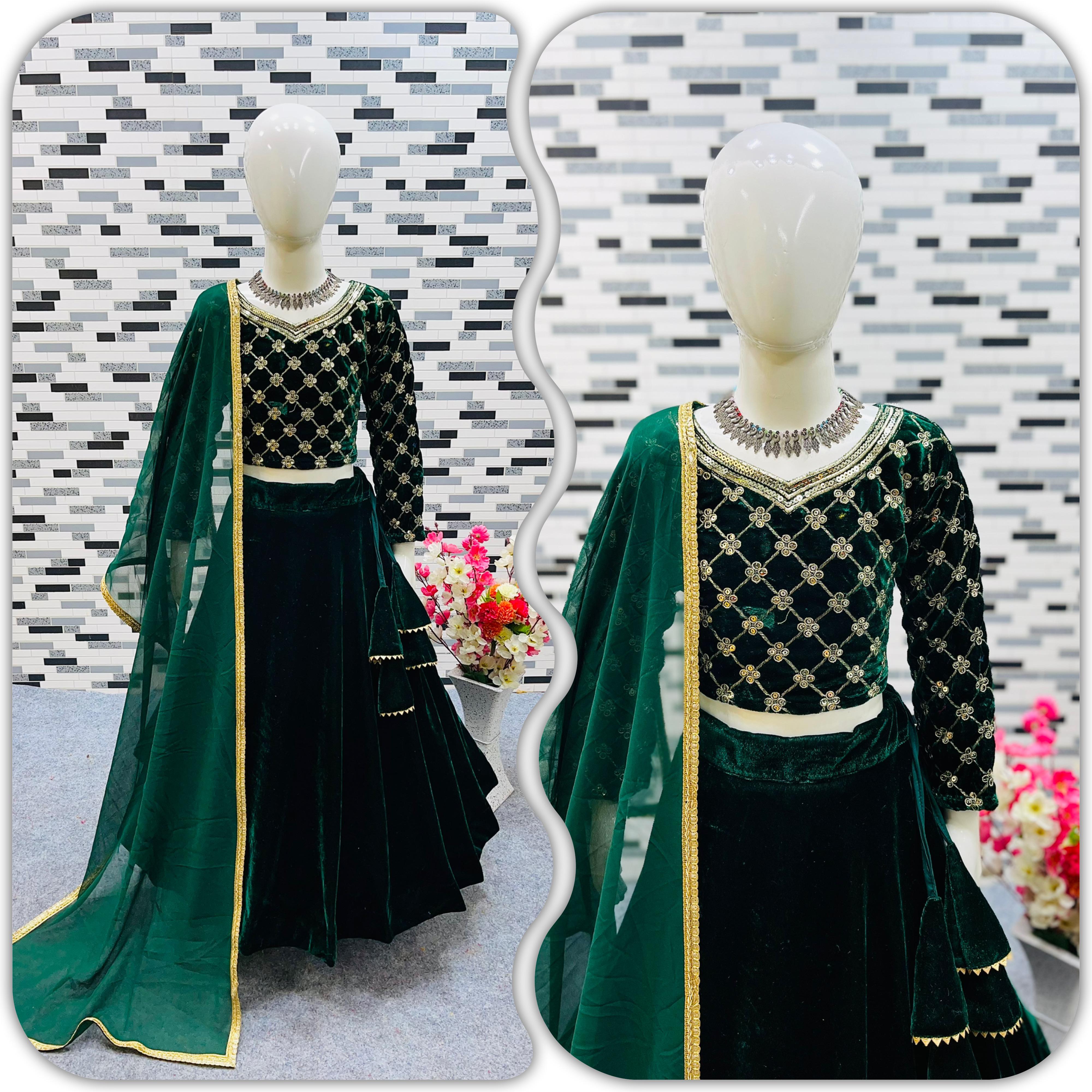 Embellished Green Color Velvet With Embroidery Sequence Work Lehenga Choli