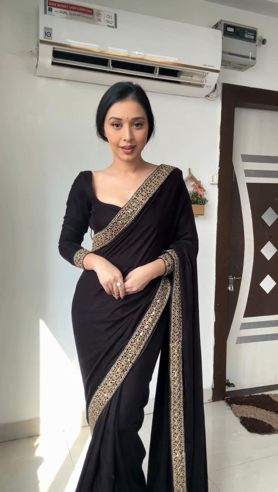 Captivating  Black Color Velvet Saree Sequence work Blouse