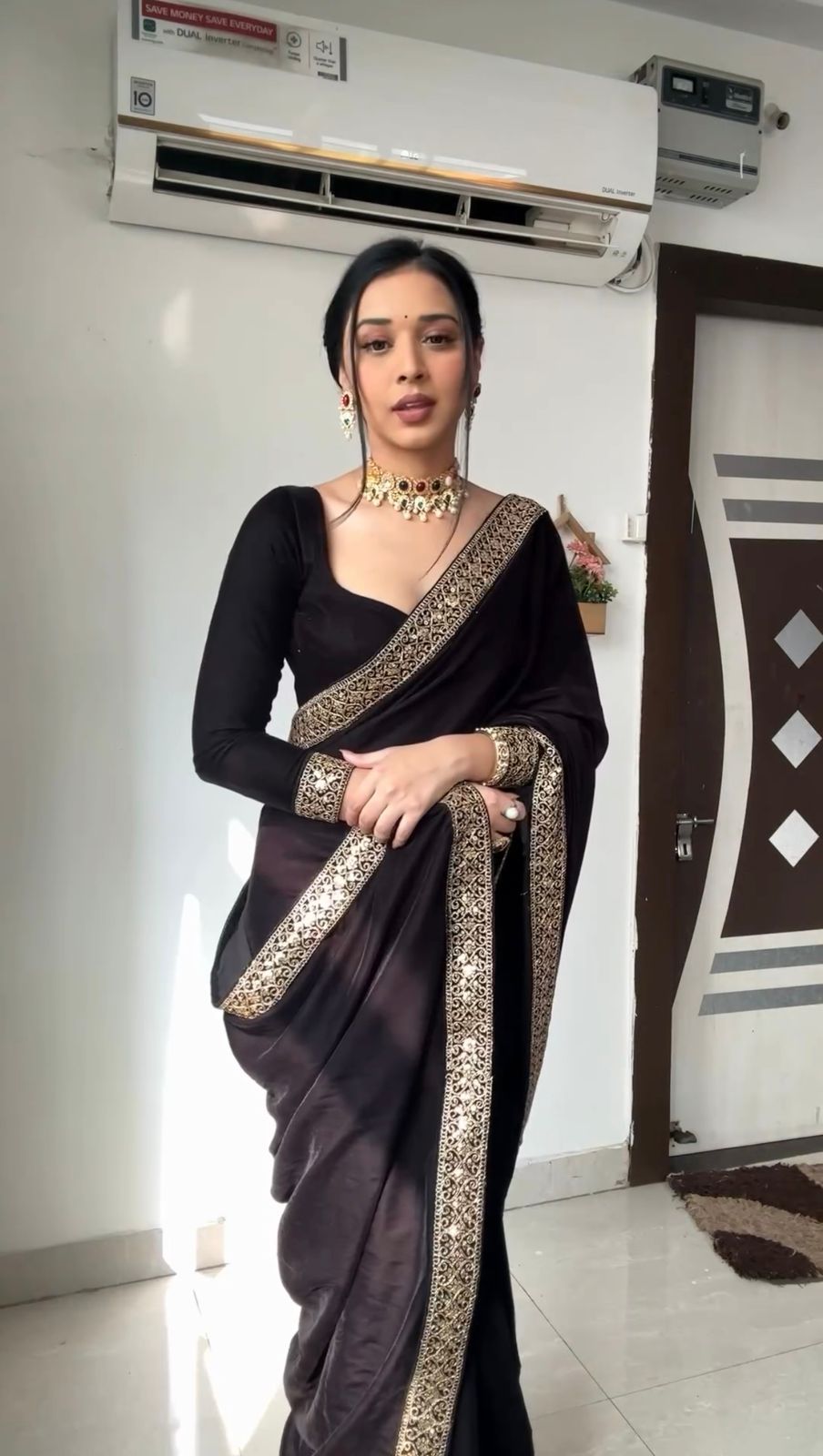 Captivating  Black Color Velvet Saree Sequence work Blouse