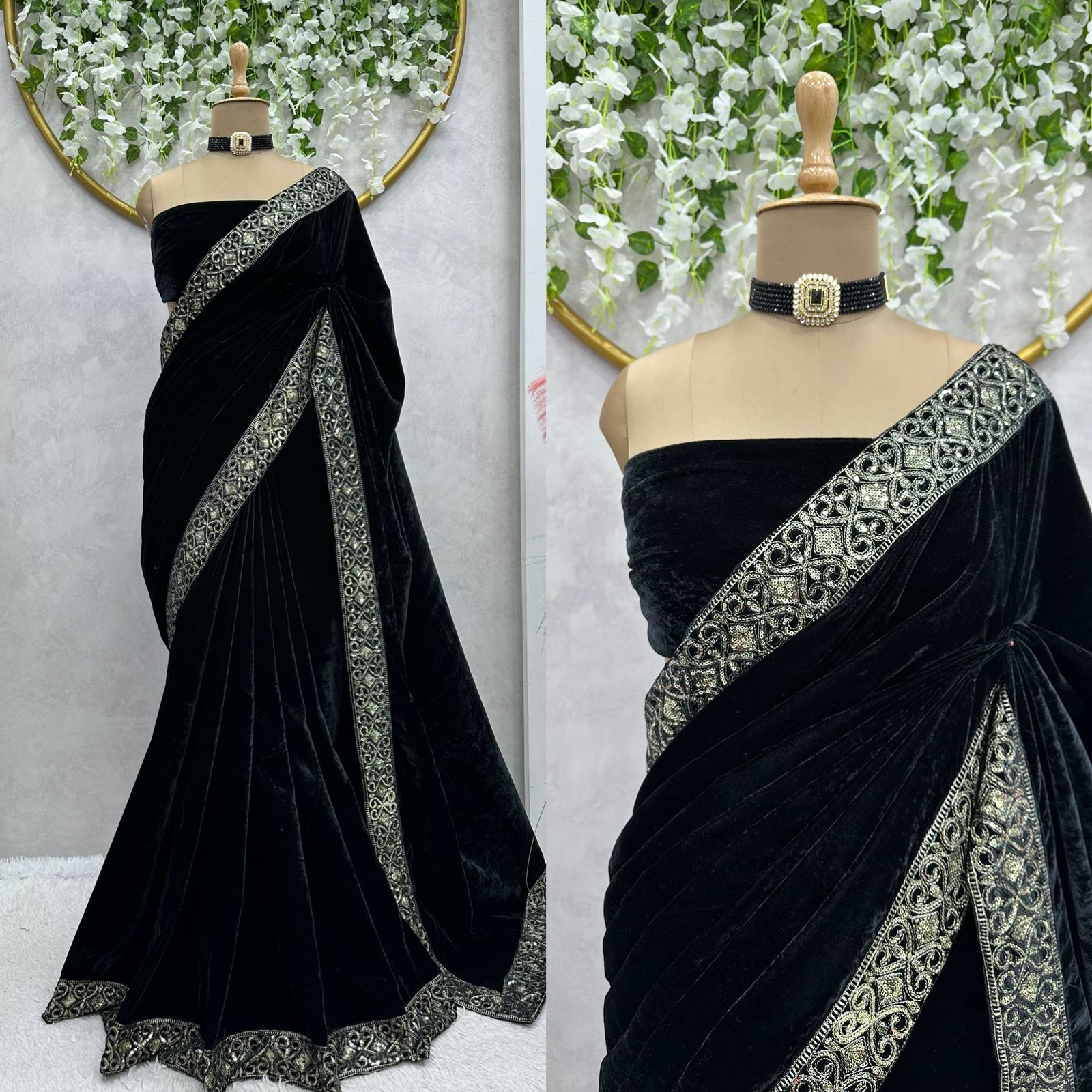 Captivating  Black Color Velvet Saree Sequence work Blouse