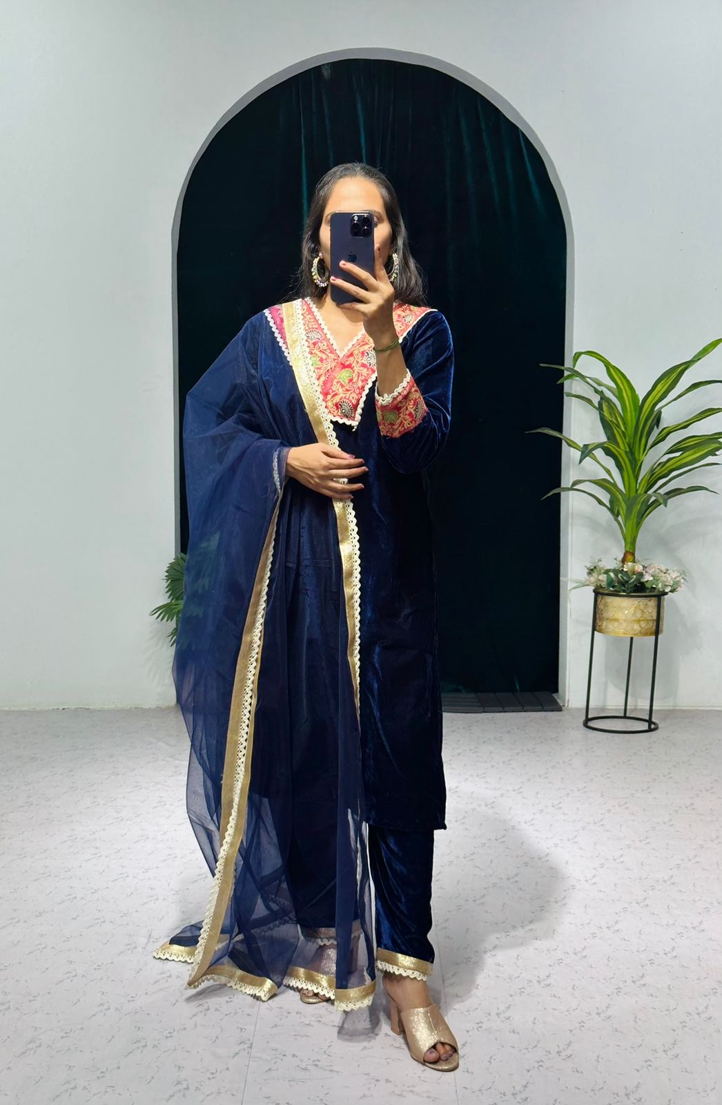 Preferable Blue Color Jacquard Border Velvet Salwar Suit