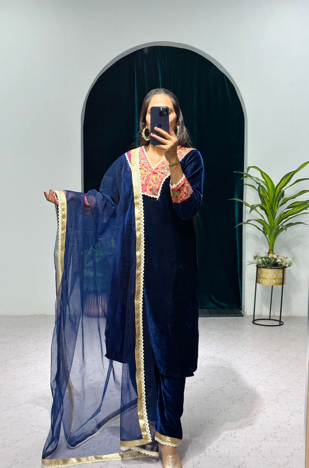 Preferable Blue Color Jacquard Border Velvet Salwar Suit