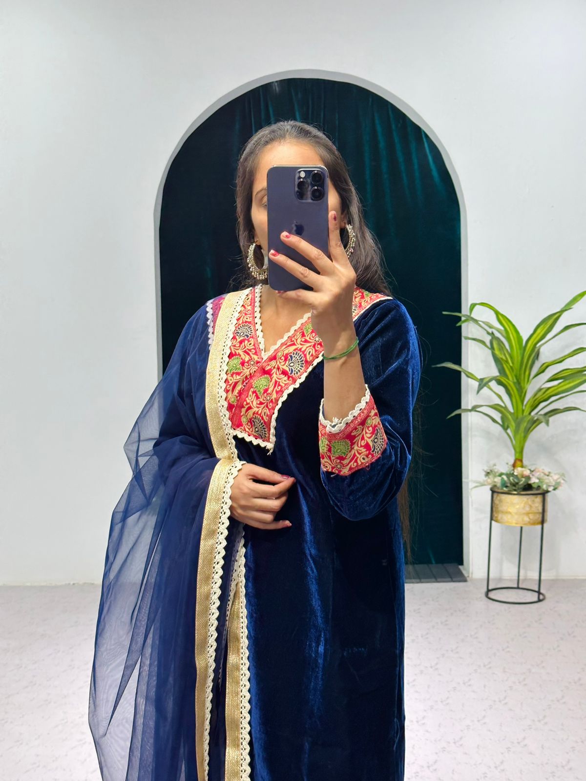 Preferable Blue Color Jacquard Border Velvet Salwar Suit