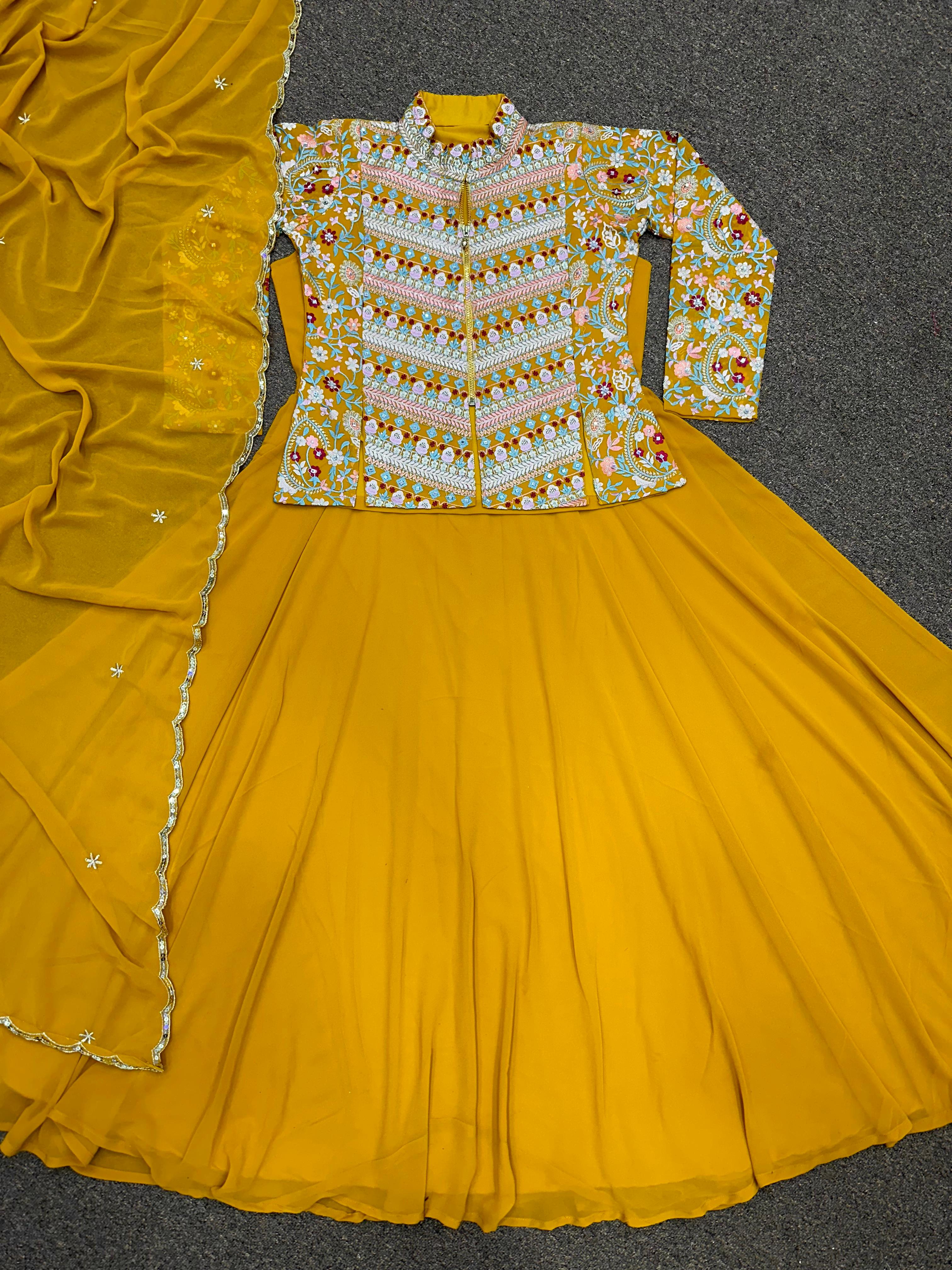 Haldi Wear Yellow Color Georgette Embroidery & Sequins Work Top With Lehenga