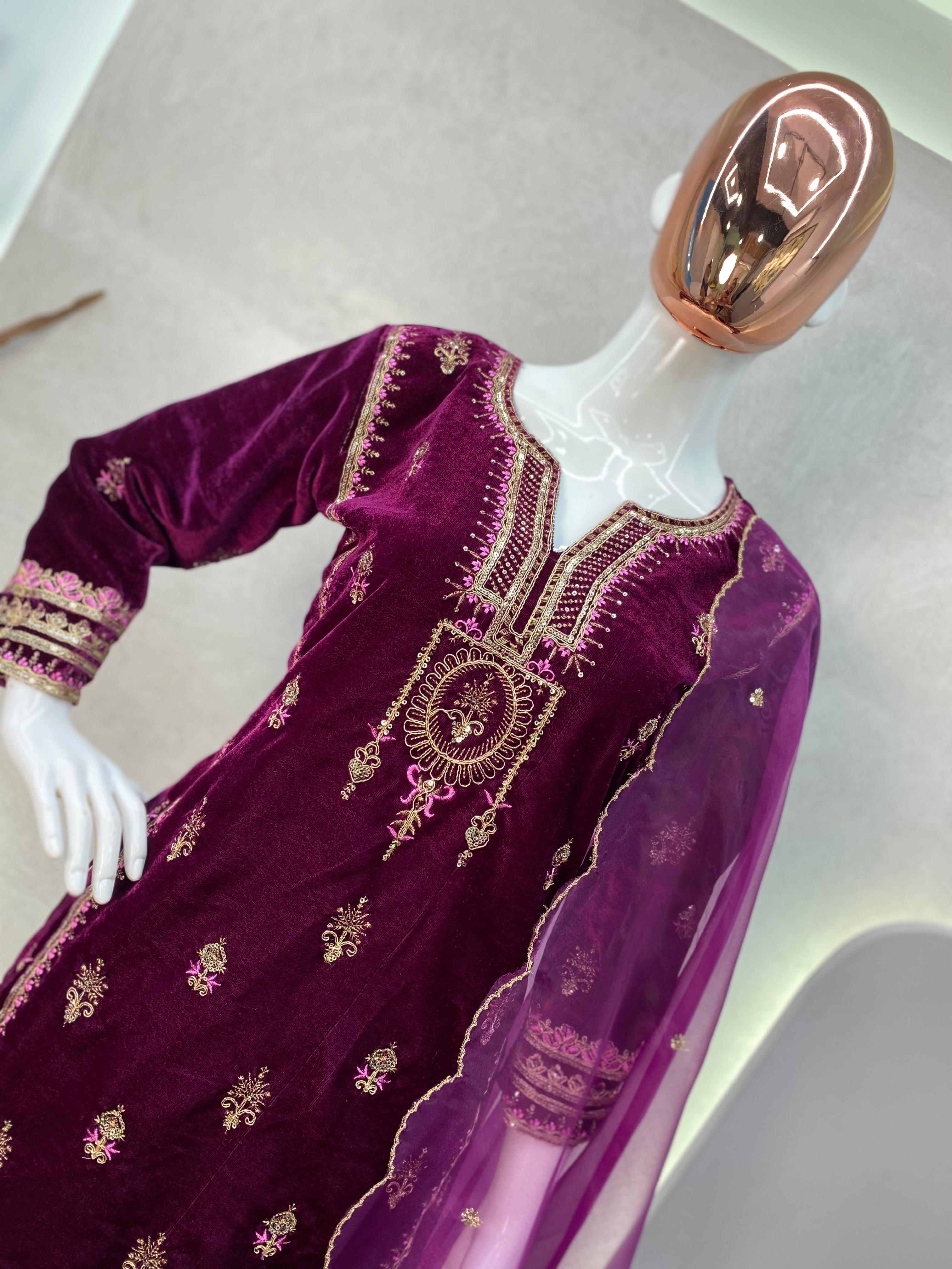 Mesmerizing  Pupal Color Velvet Sequence Embroidery Work Suit