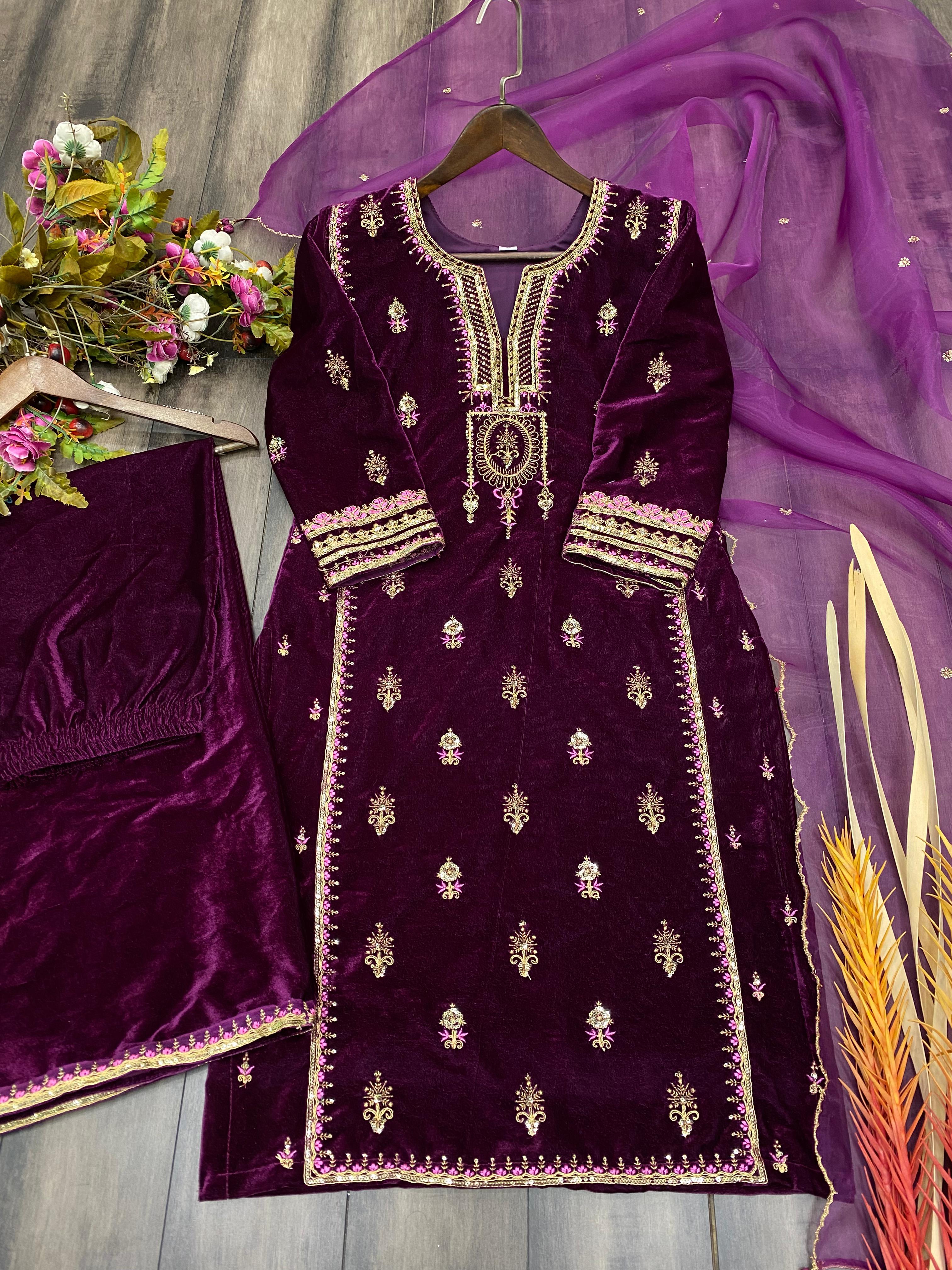 Mesmerizing  Pupal Color Velvet Sequence Embroidery Work Suit