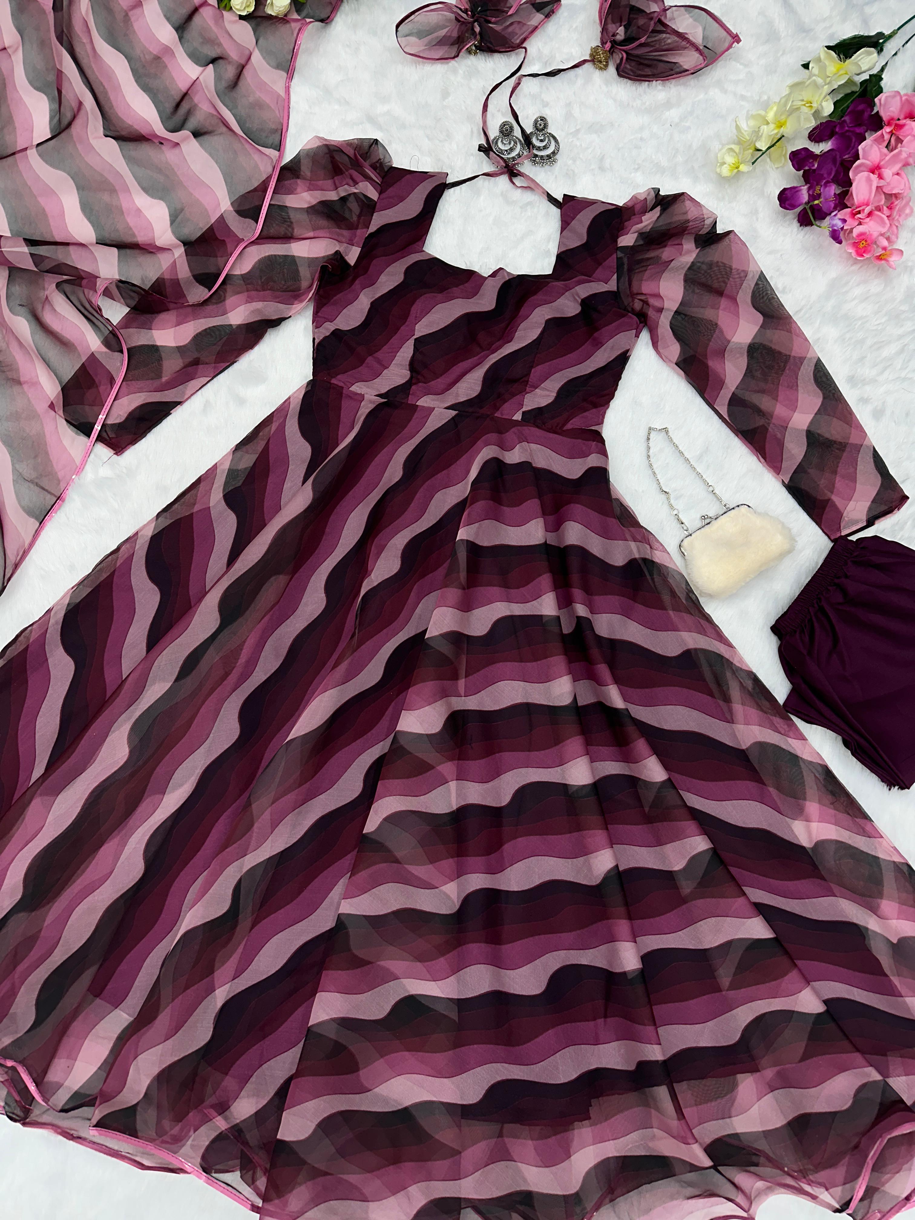 Opulent  Purple And Black Color Organza Silk Digital Print Gown