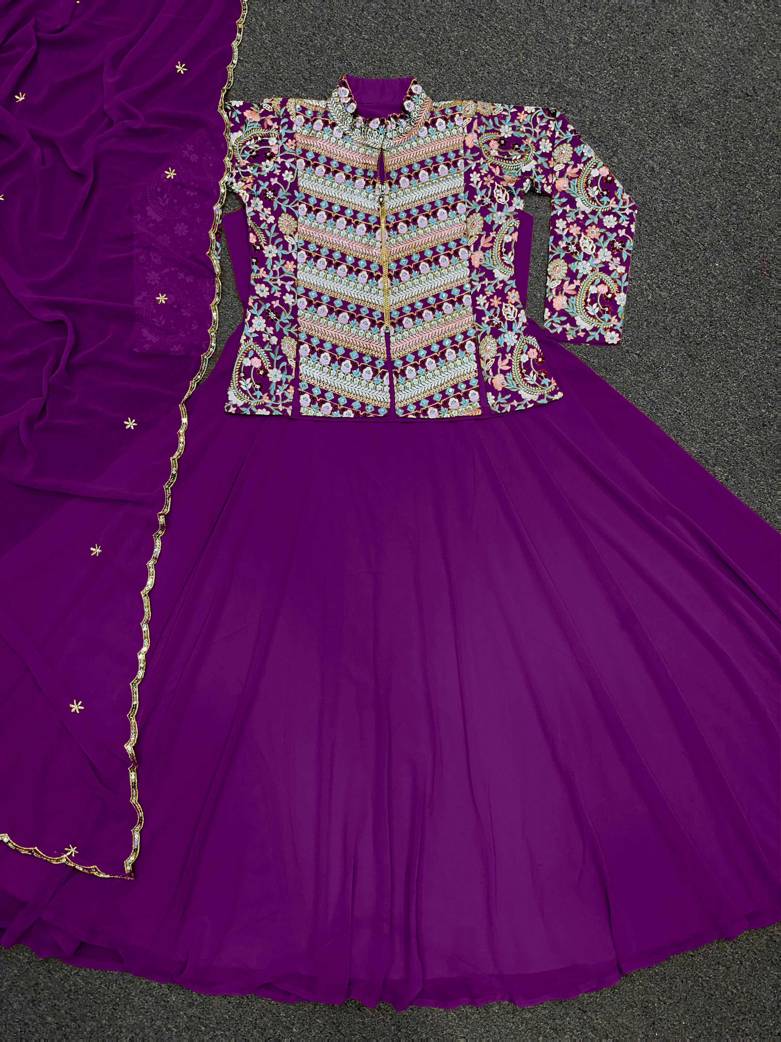 Luxuriant Pupal Color Georgette Embroidery & Sequins Work Top With Lehenga