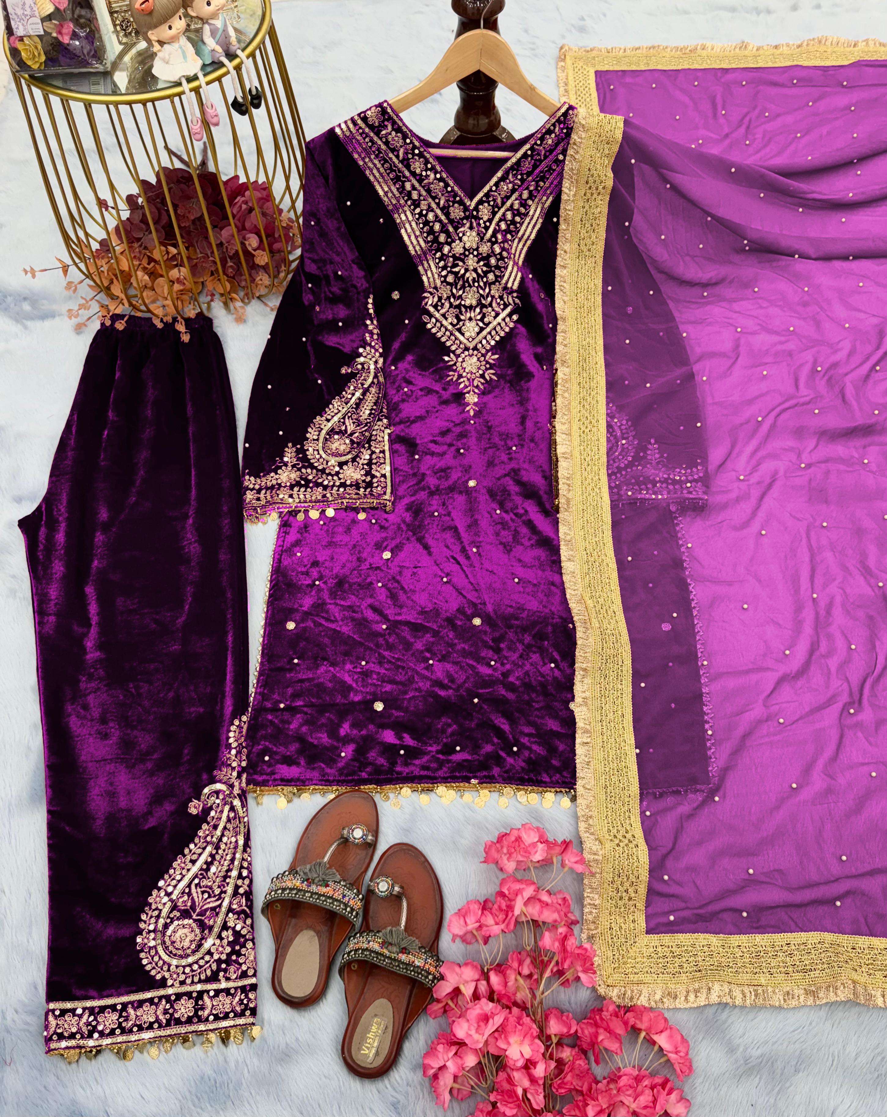 Fabulous  Purple Color Velvet Sequence Work With Rivet Moti Work Suit