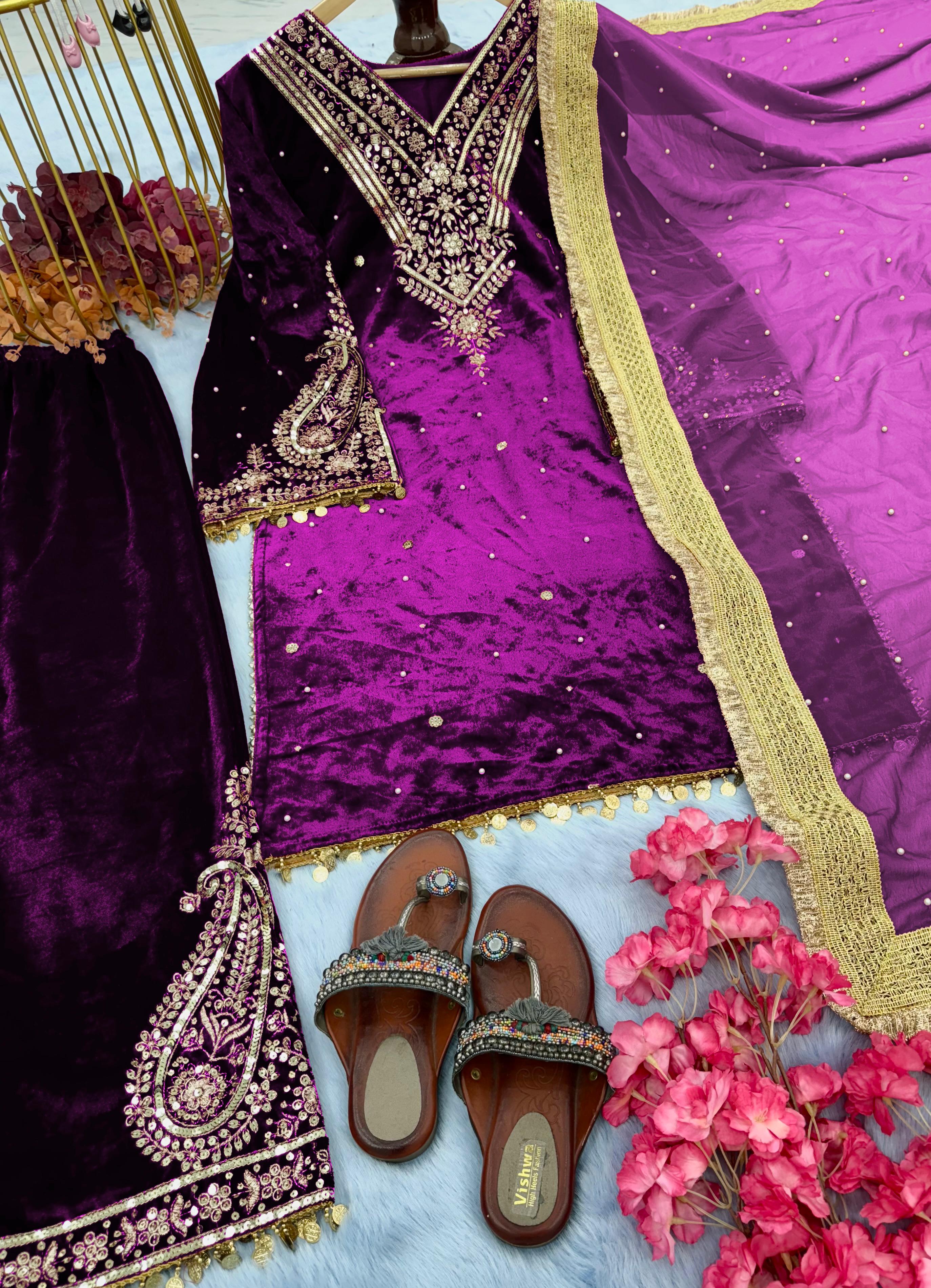 Fabulous  Purple Color Velvet Sequence Work With Rivet Moti Work Suit