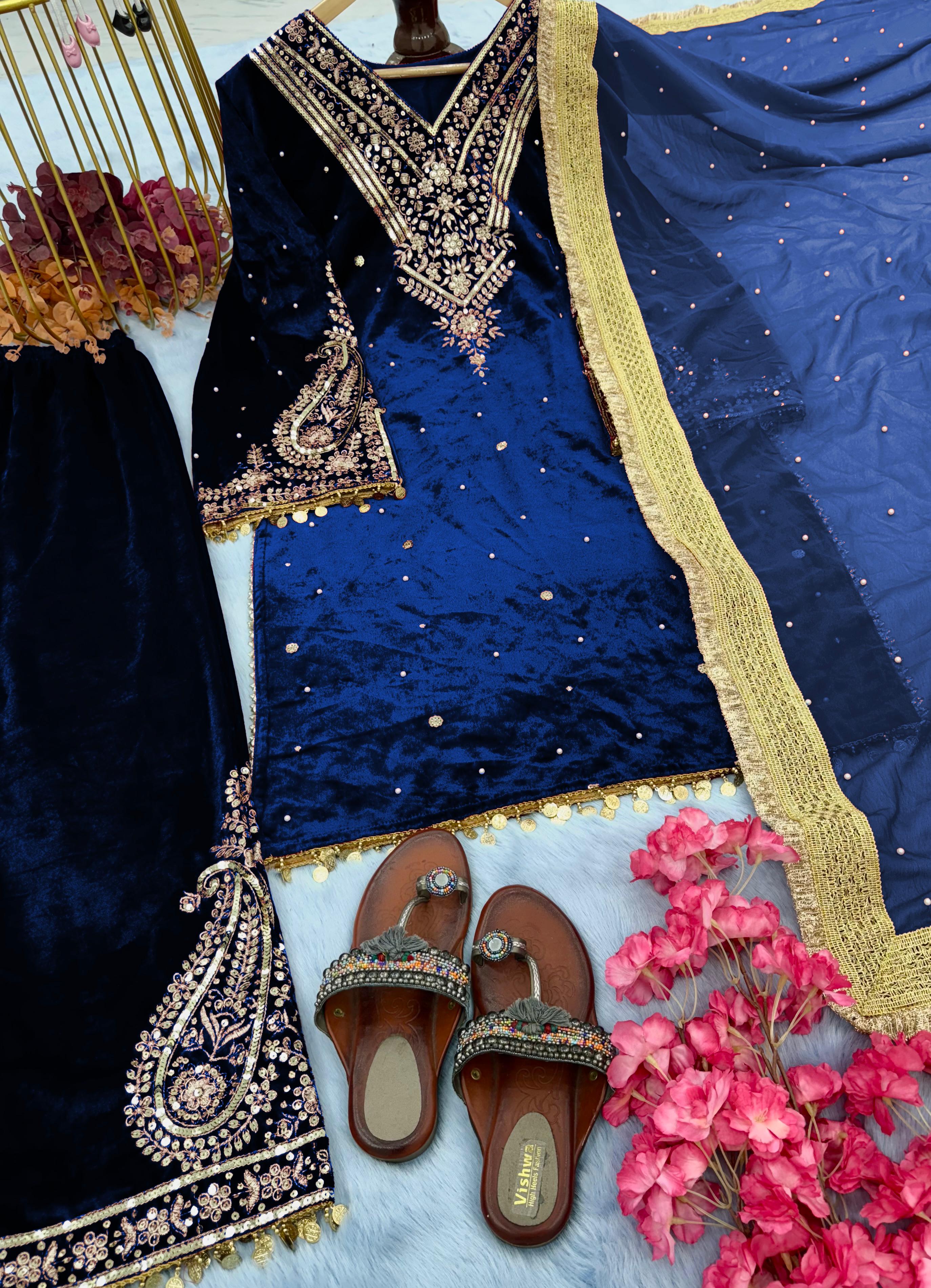 Fabulous  Blue Color Velvet Sequence Work With Rivet Moti Work Suit