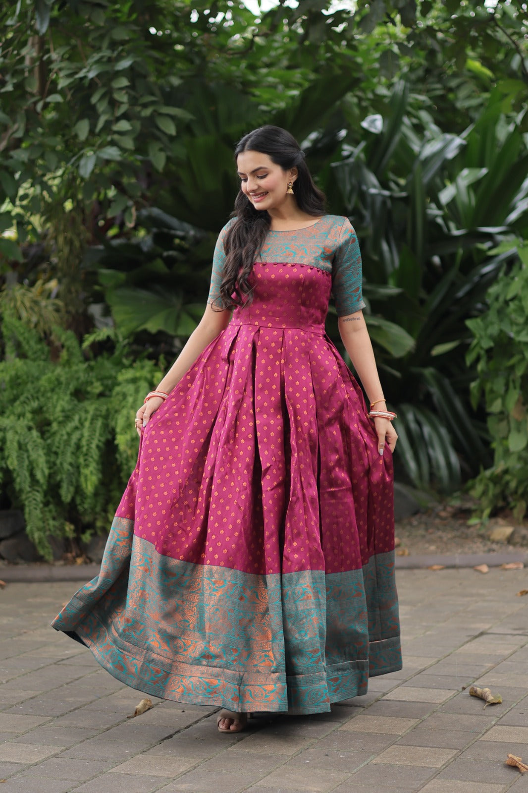 Pretty Pink Color Banarasi jacquard Silk Texture designer weaving design Long Gown