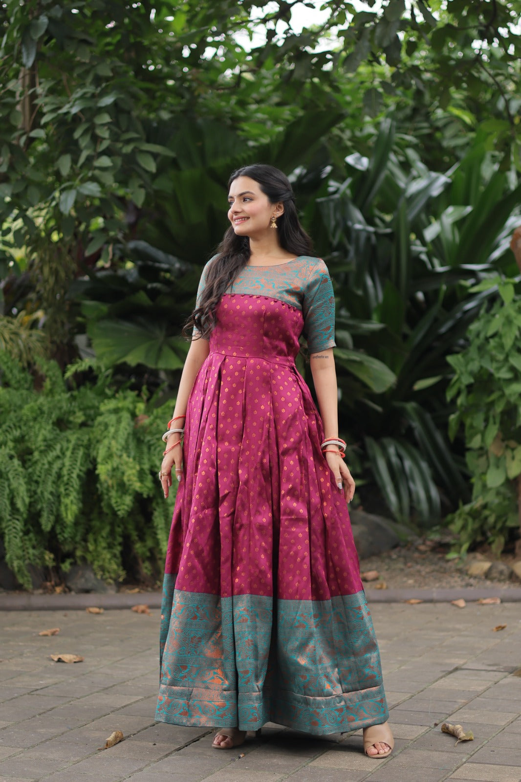 Pretty Pink Color Banarasi jacquard Silk Texture designer weaving design Long Gown
