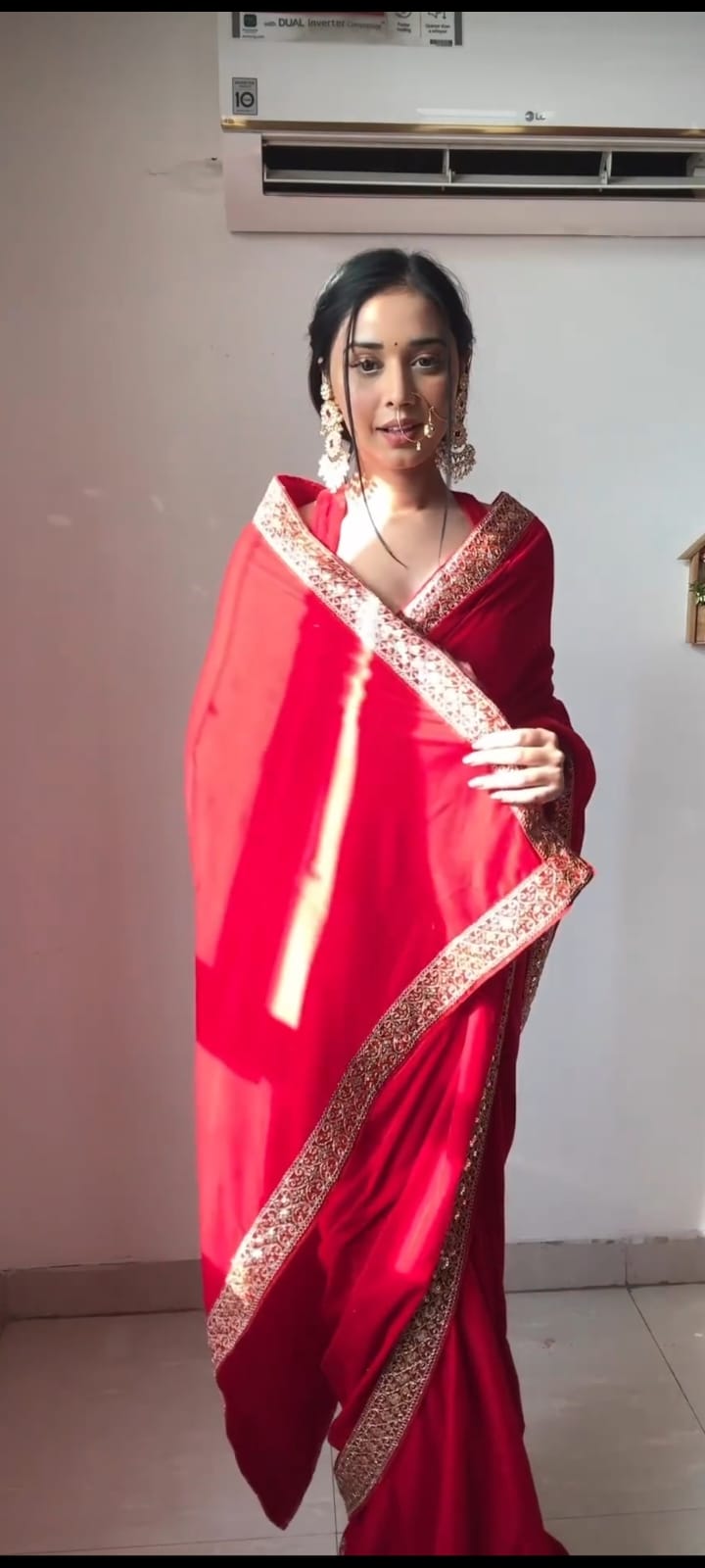 Stunning Red Color Velvet Ready to Wear Saree