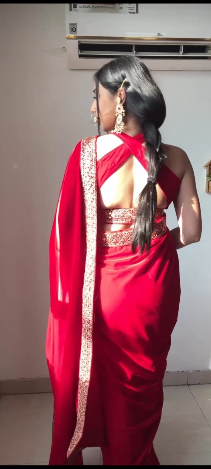 Stunning Red Color Velvet Ready to Wear Saree