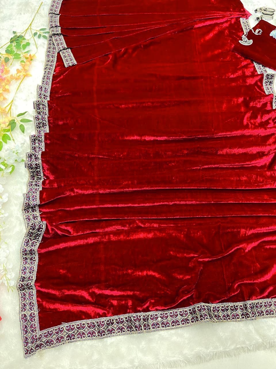 Stunning Red Color Velvet Ready to Wear Saree