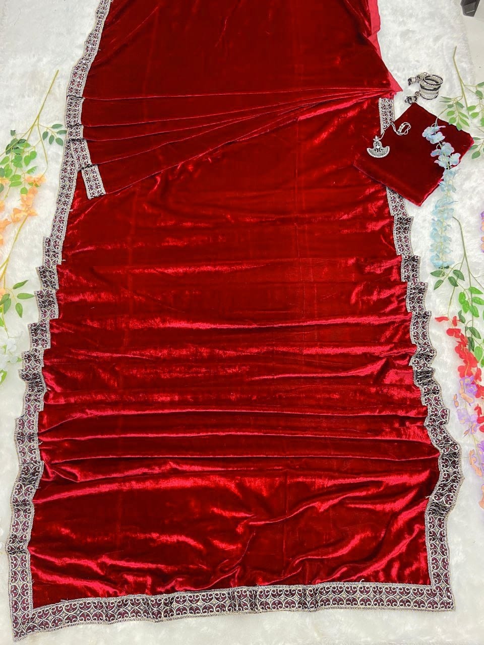 Stunning Red Color Velvet Ready to Wear Saree