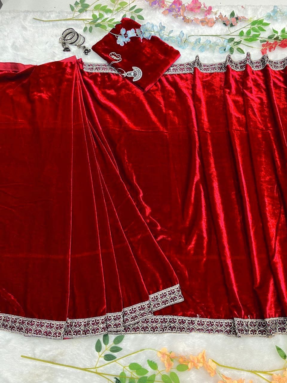 Stunning Red Color Velvet Ready to Wear Saree