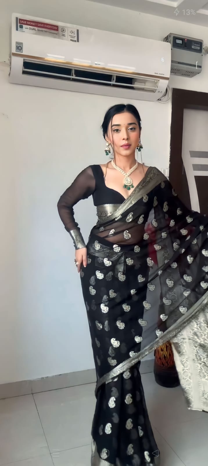 Trendy  Black Color Soft Lichi Ilk Ready To Wear Saree