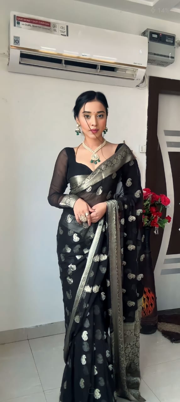 Trendy  Black Color Soft Lichi Ilk Ready To Wear Saree