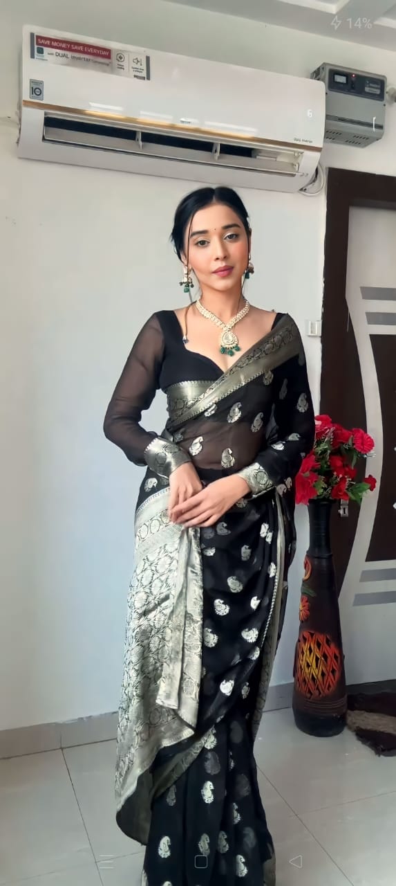 Trendy  Black Color Soft Lichi Ilk Ready To Wear Saree