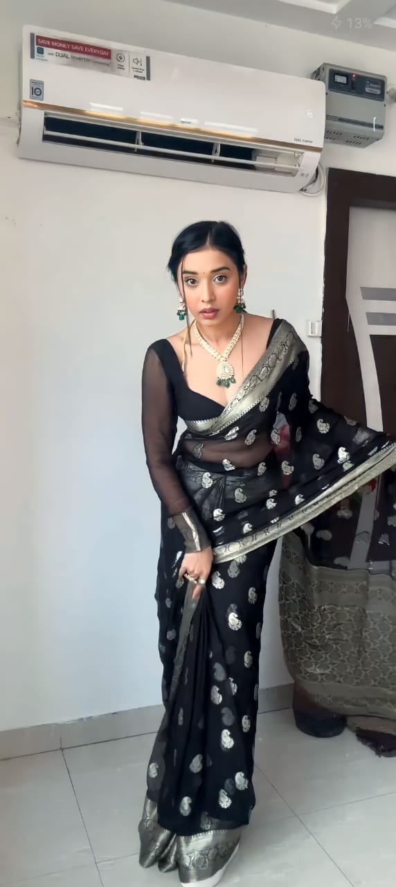 Trendy  Black Color Soft Lichi Ilk Ready To Wear Saree