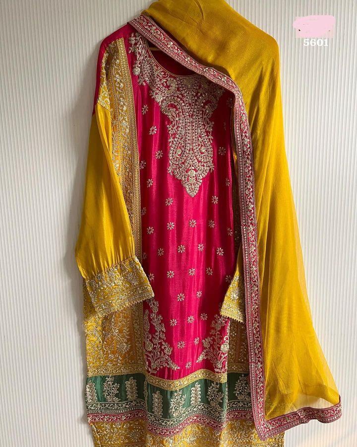 Attractive Yellow and Pink Color Georgette Sequins Work Top With Plazzo