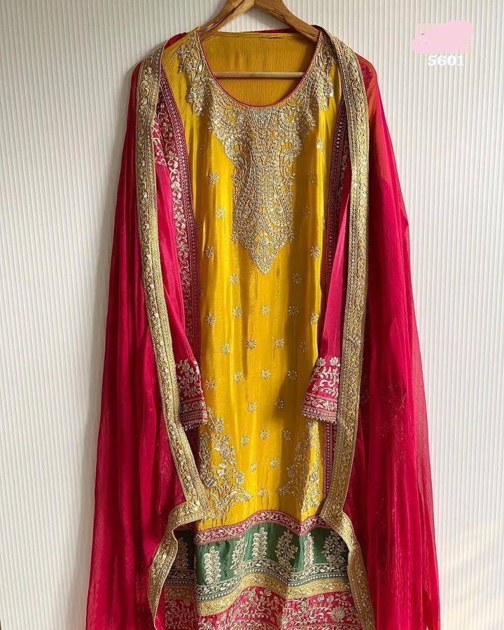 Attractive Yellow and Pink Color Georgette Sequins Work Top With Plazzo