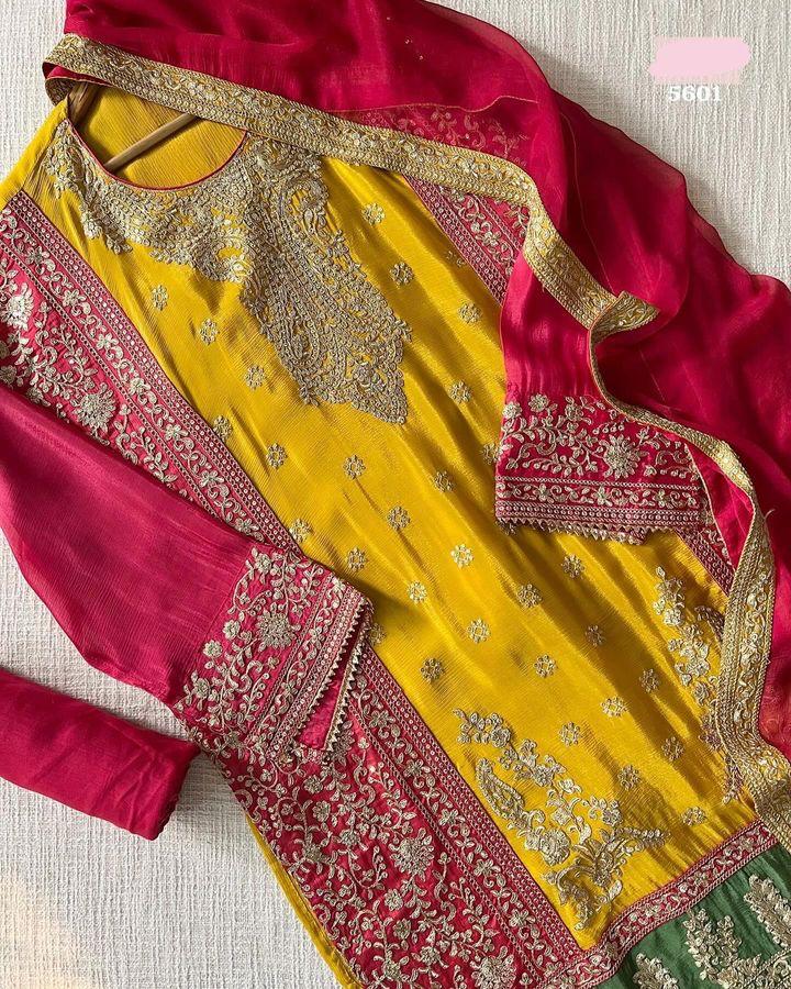 Attractive Yellow and Pink Color Georgette Sequins Work Top With Plazzo