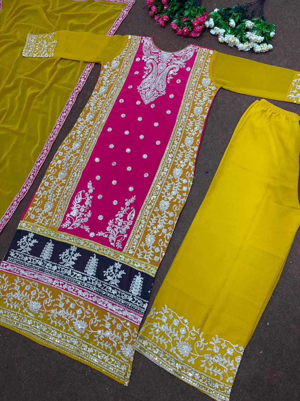 Attractive Yellow and Pink Color Georgette Sequins Work Top With Plazzo