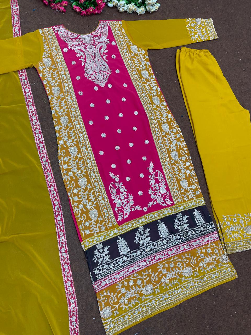 Attractive Yellow and Pink Color Georgette Sequins Work Top With Plazzo