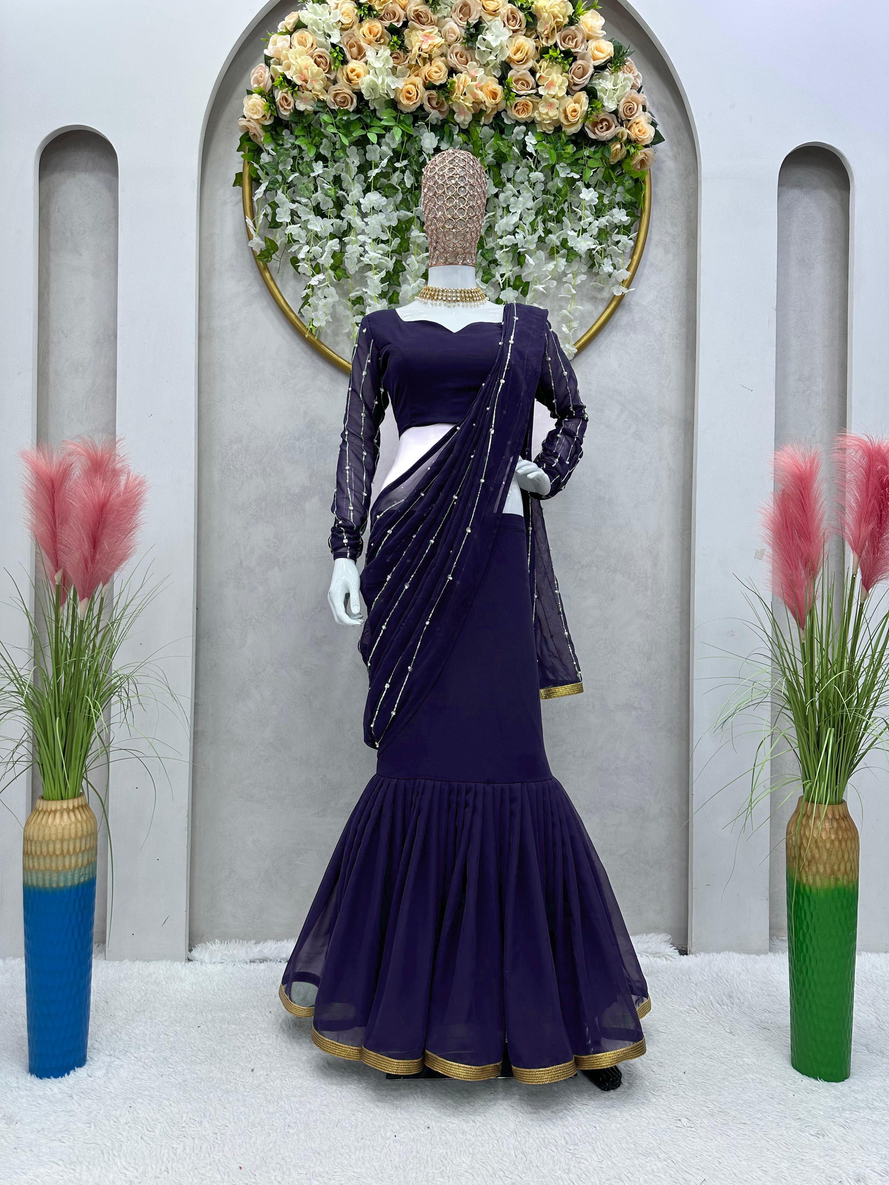 Admiring Navy Blue Color Georgette Sequence with Rivet Moti Work Lehenga Choli