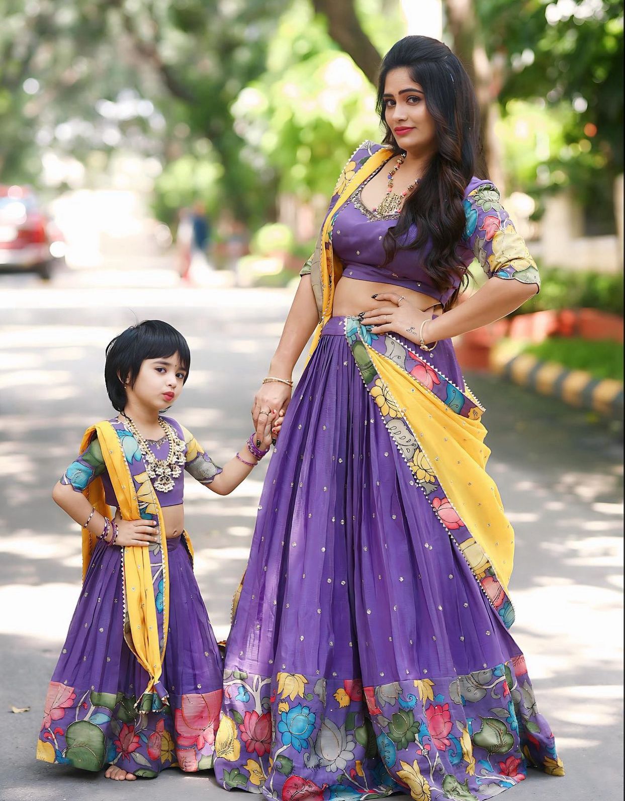 Traditional Wear Purple Mother And Daughter Lehenga Choli