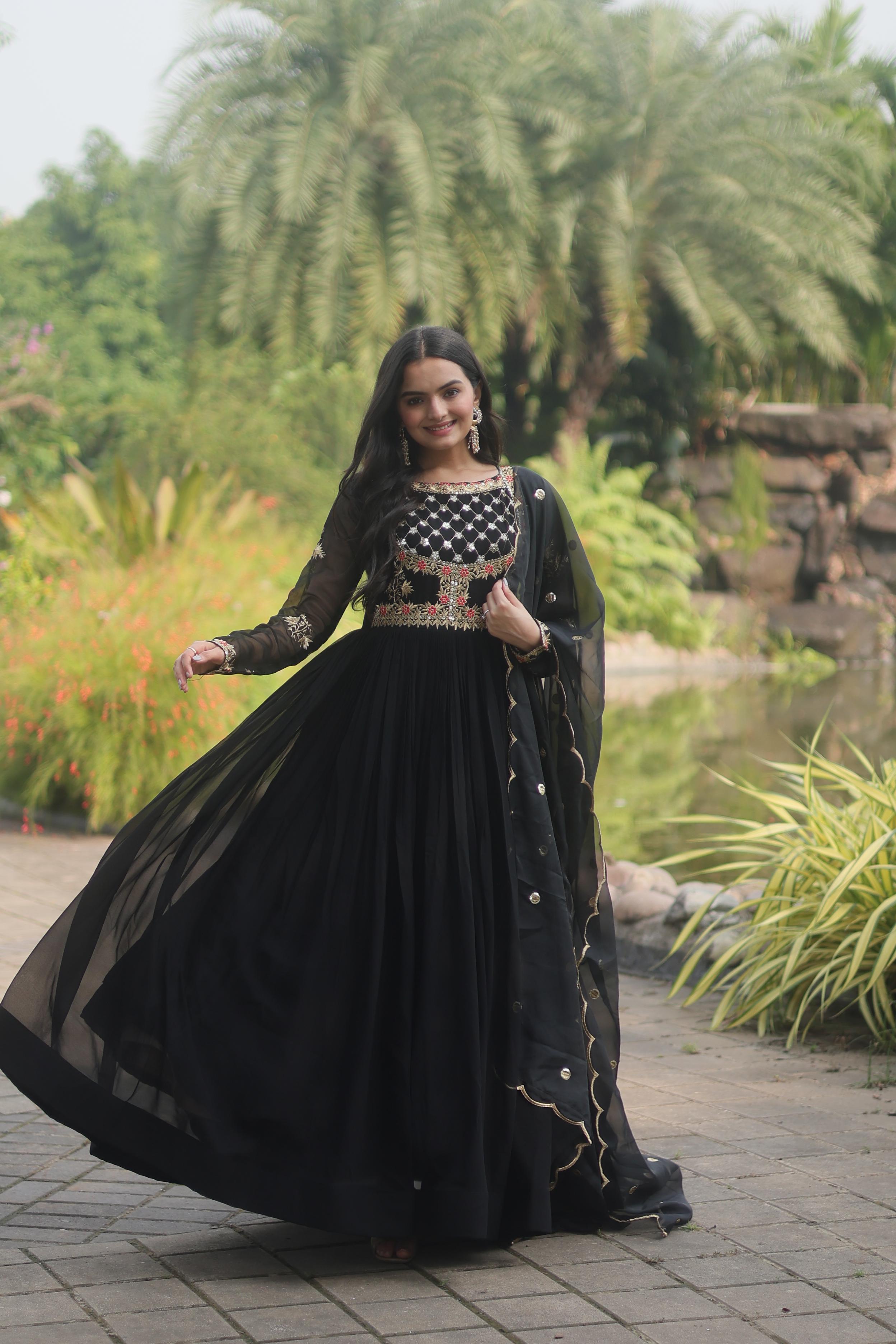 Exclusive Black Color Embroidery Sequence Work Gown