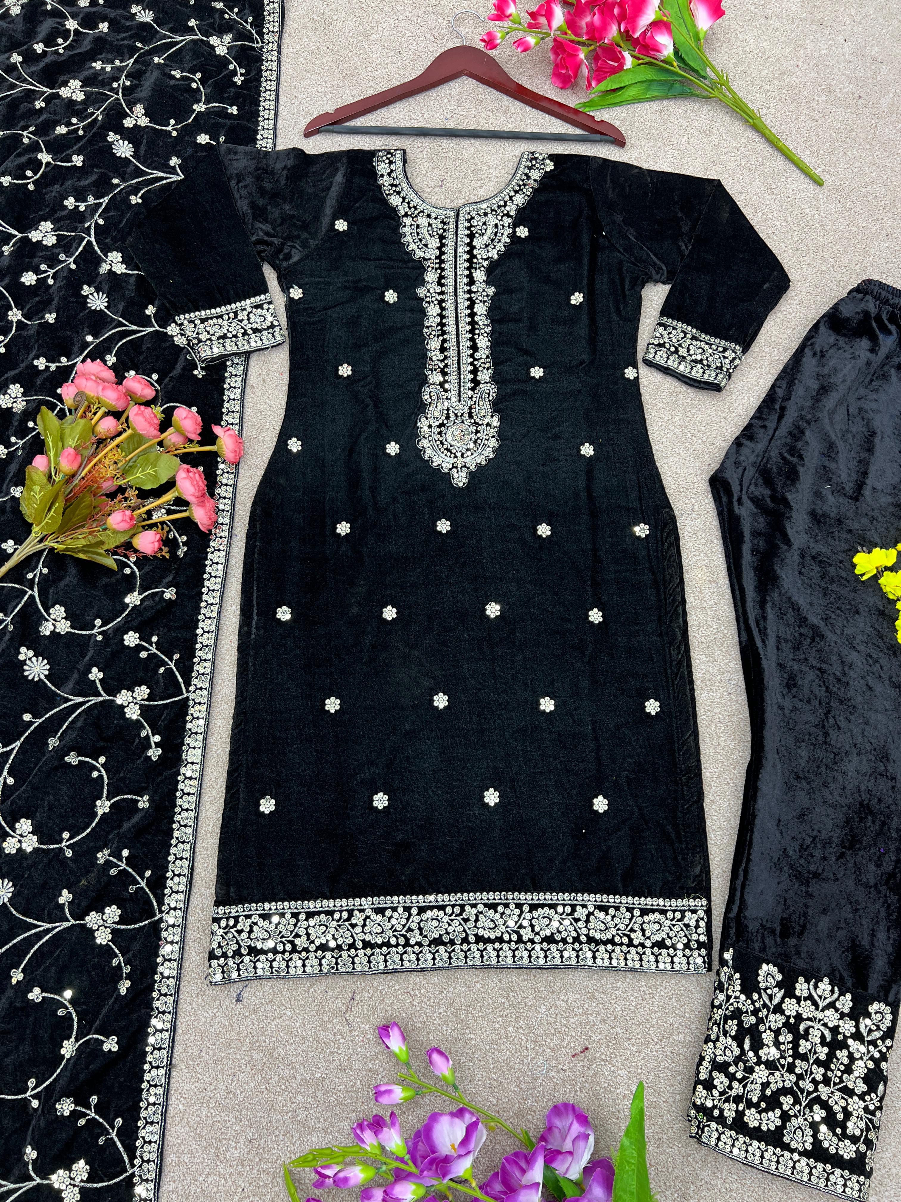 Captivating  Black Color Velvet Embroidery Sequence Work Anarkali Suit