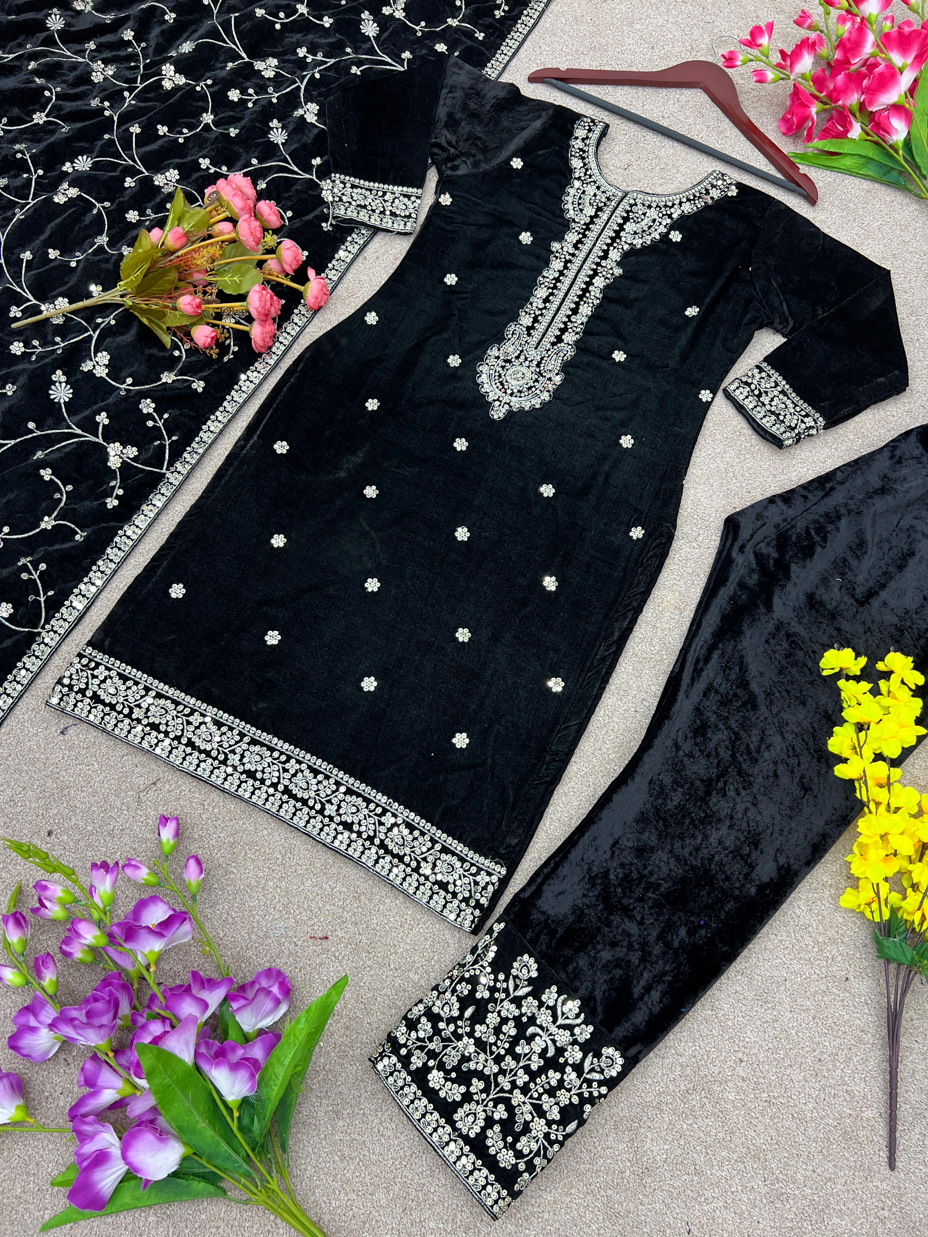 Captivating  Black Color Velvet Embroidery Sequence Work Anarkali Suit