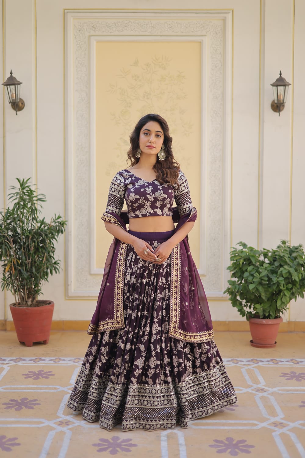 Weeding Wear Wine Color Jacquard Embroidered Sequins Work Lehenga Choli