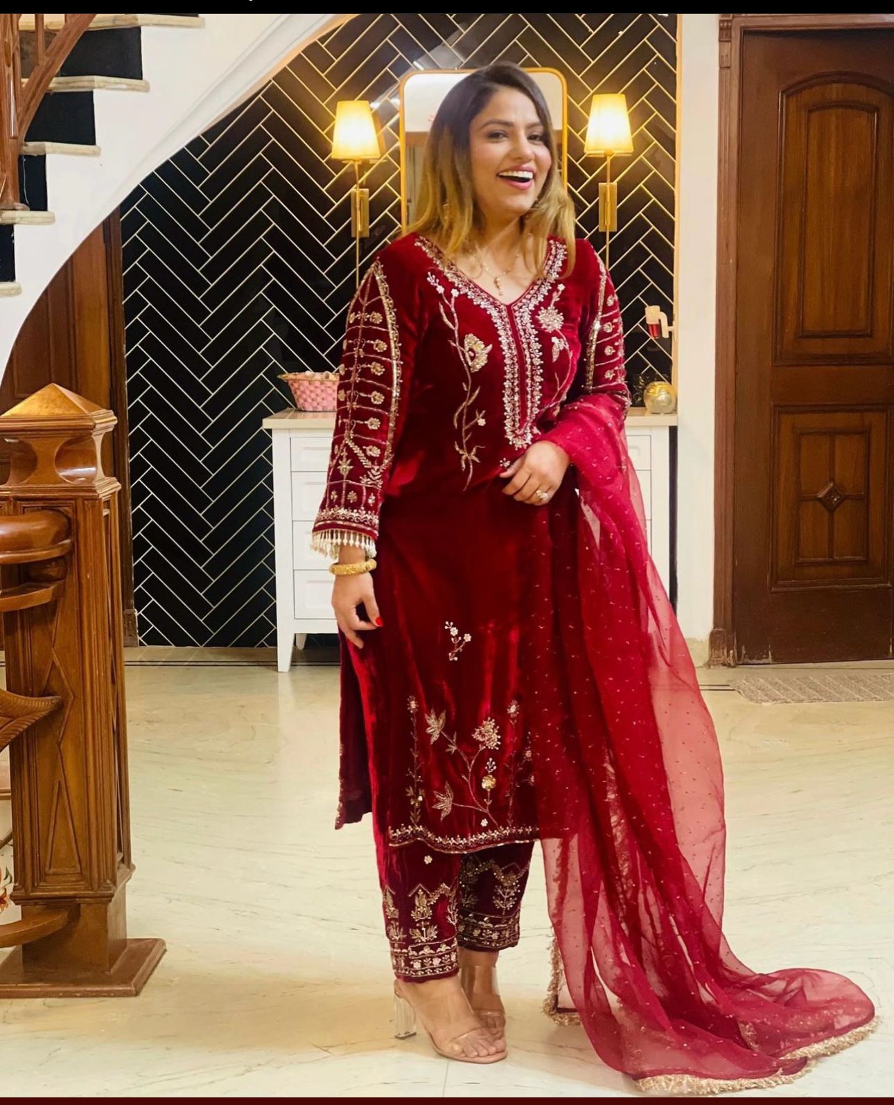 Graceful Maroon Color Velvet Embroidery Work Anarkali Suit