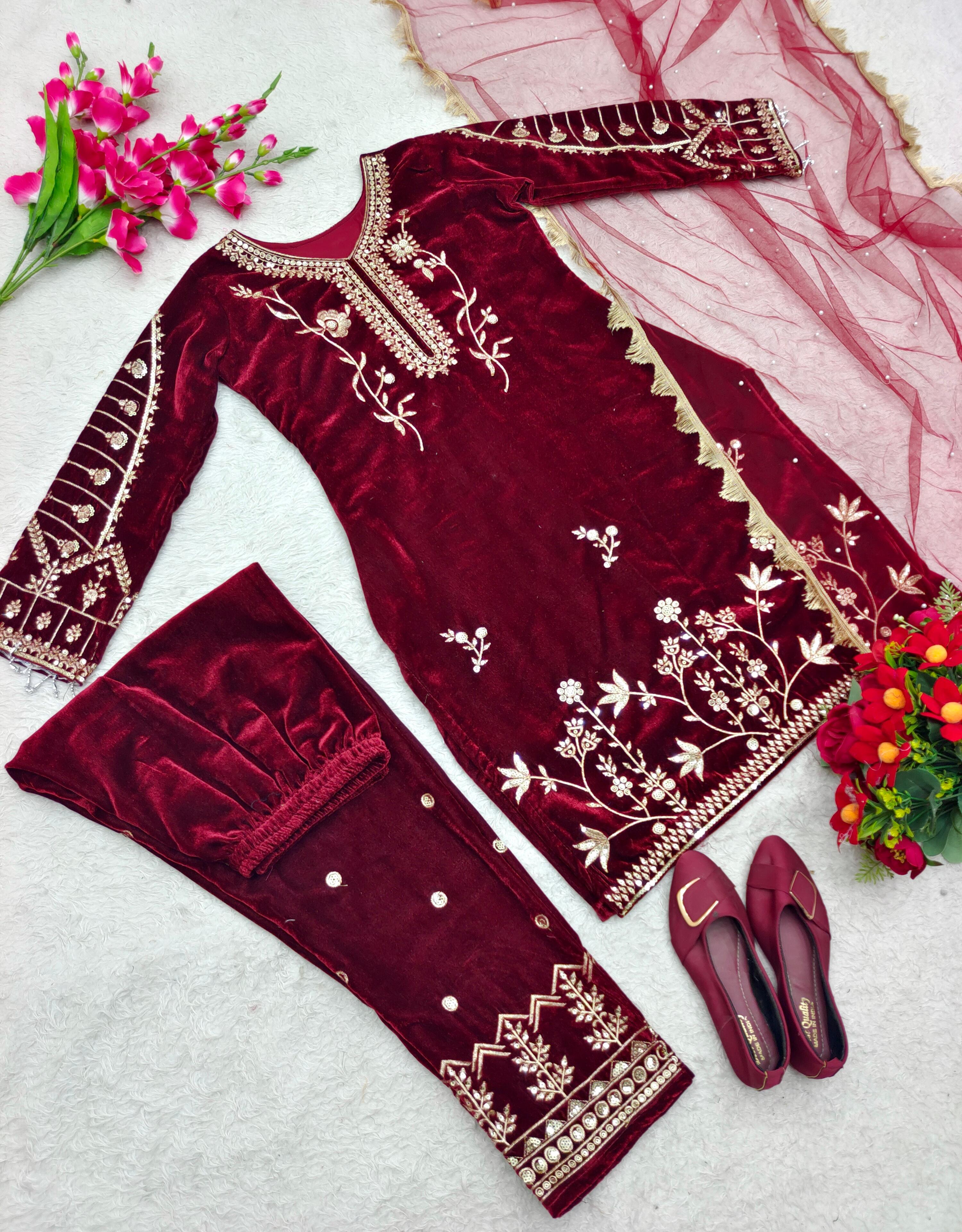 Graceful Maroon Color Velvet Embroidery Work Anarkali Suit