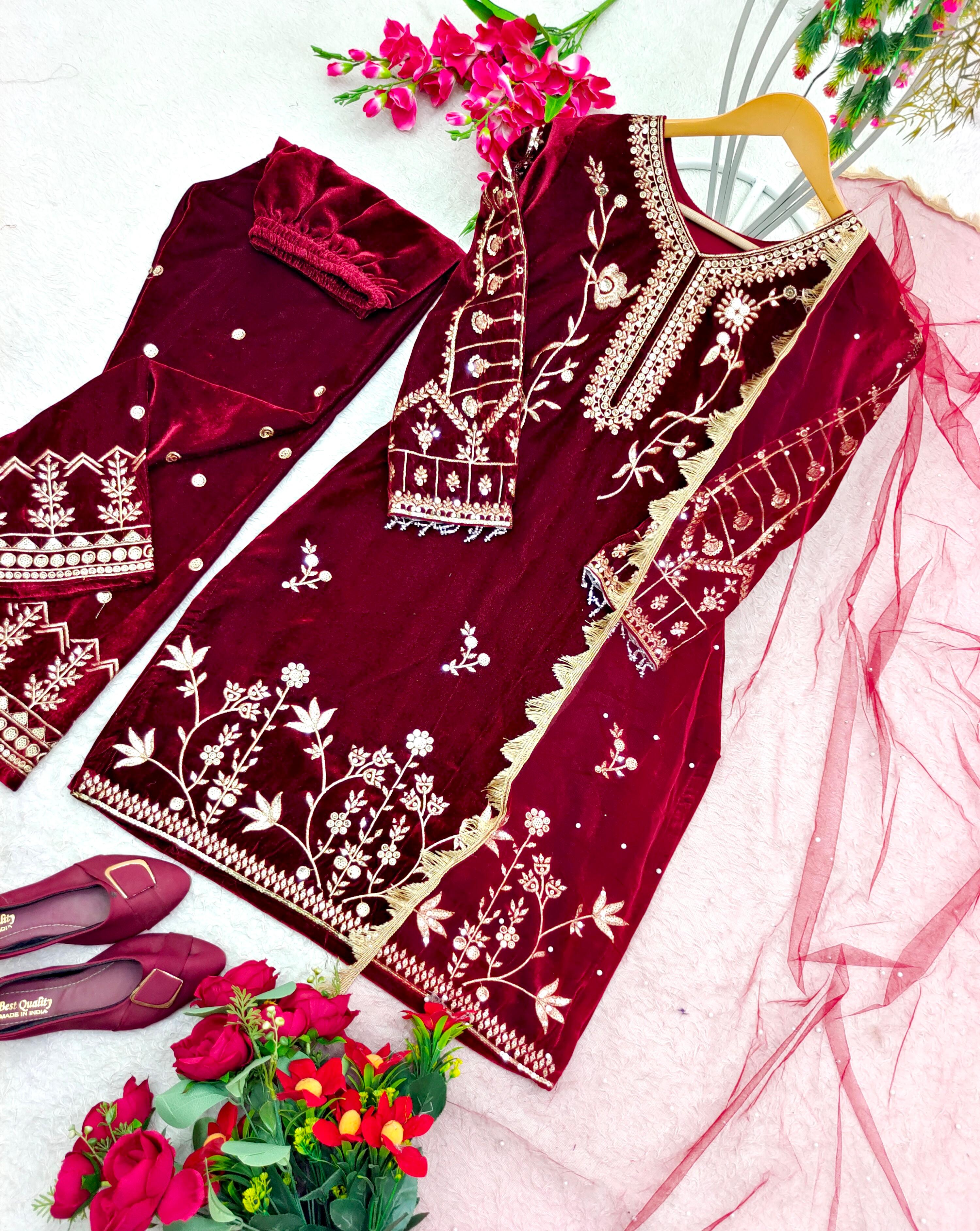 Graceful Maroon Color Velvet Embroidery Work Anarkali Suit