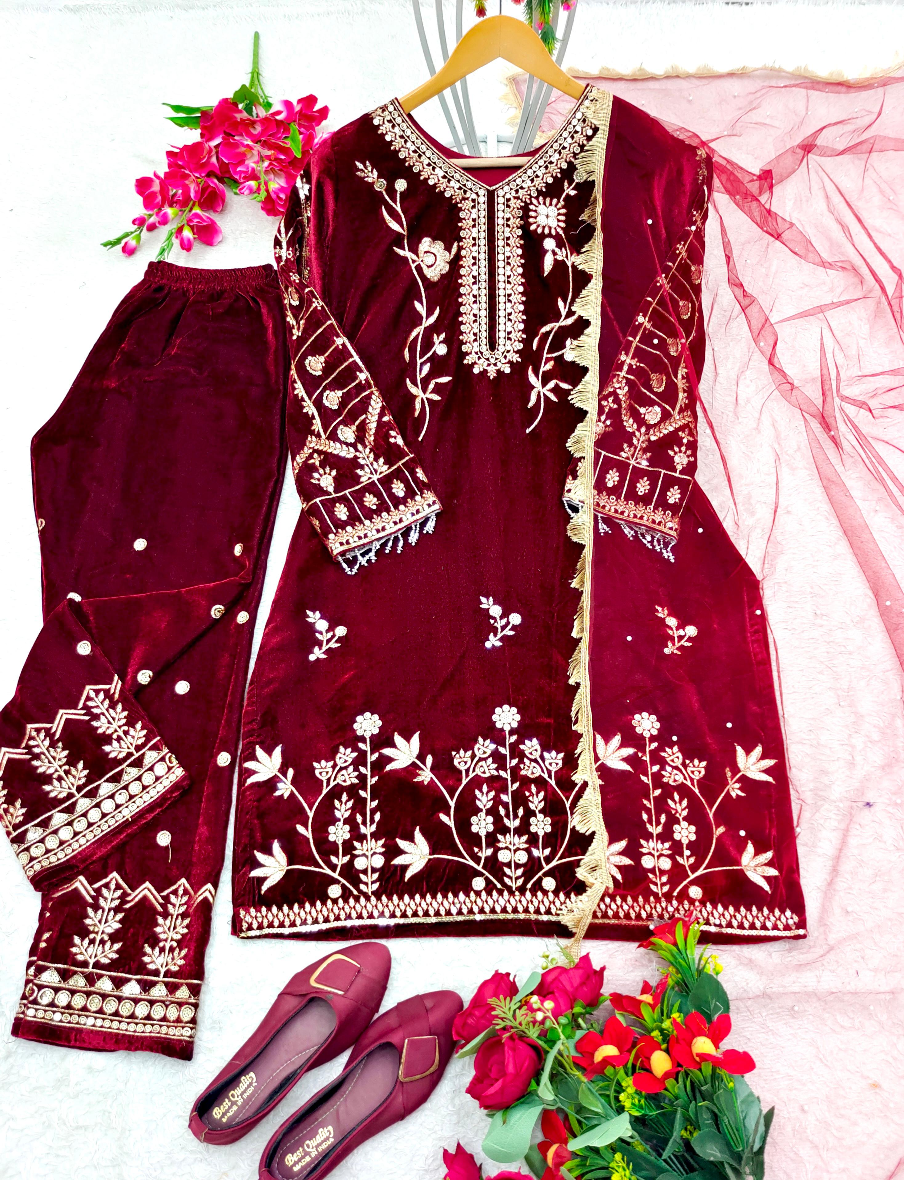 Graceful Maroon Color Velvet Embroidery Work Anarkali Suit