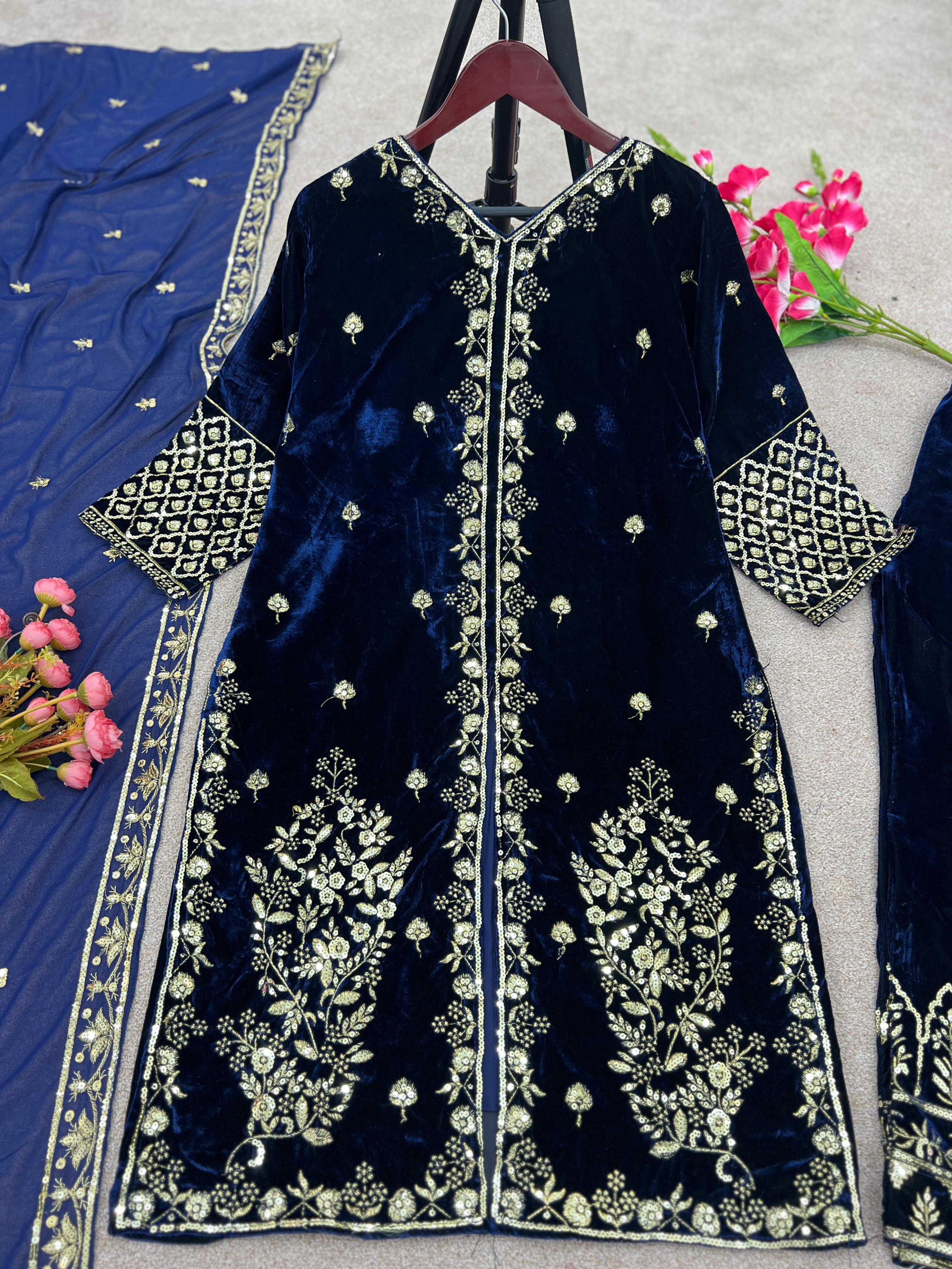 Velvet Heavy Work Blue Color Salwar Suit