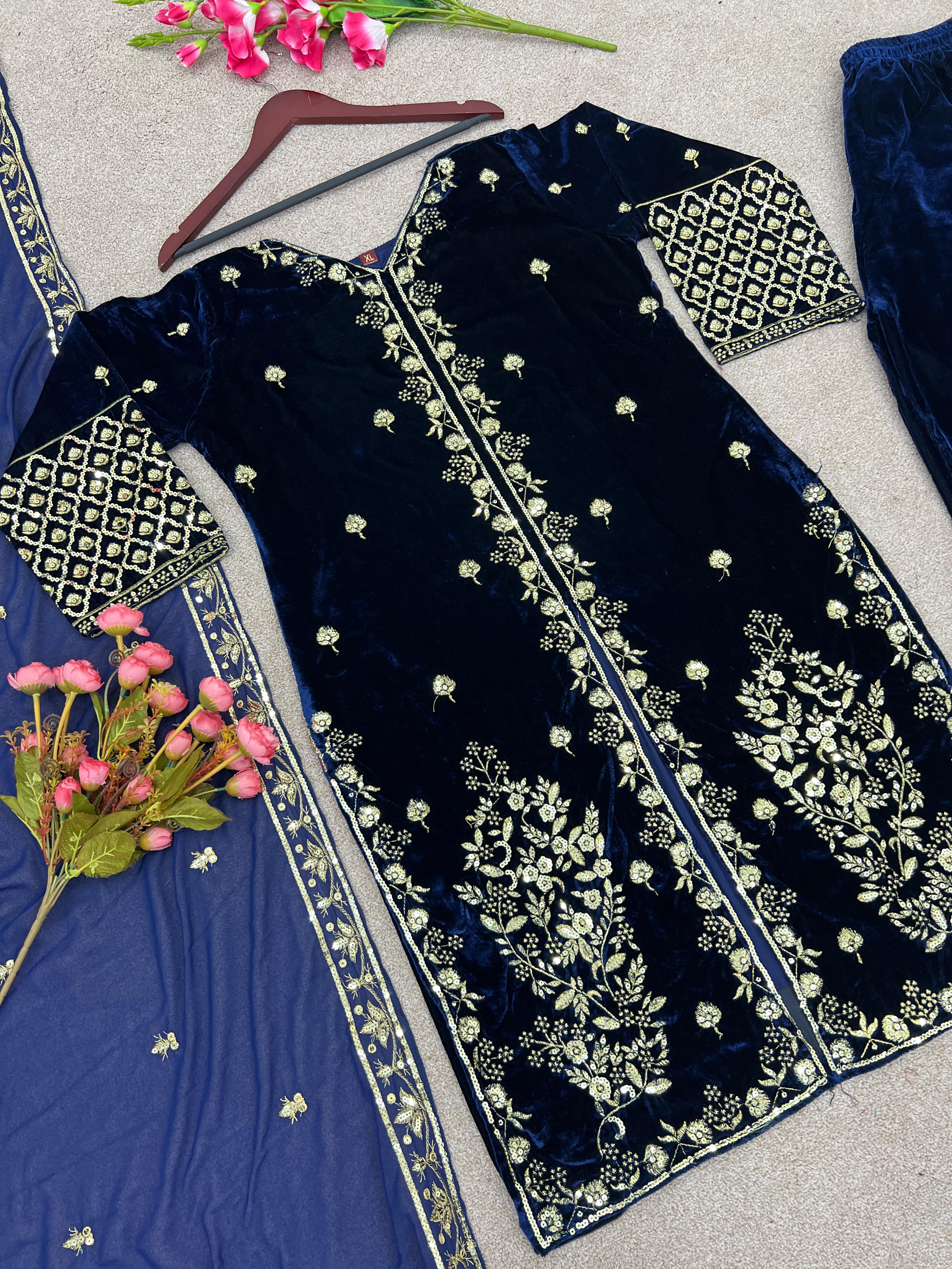 Velvet Heavy Work Blue Color Salwar Suit