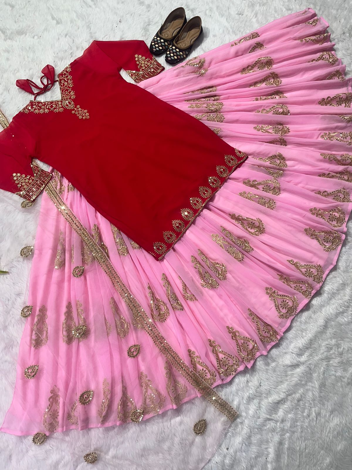 Luxuriant Pink Color Georgette Embroidery Work Sharara Suit