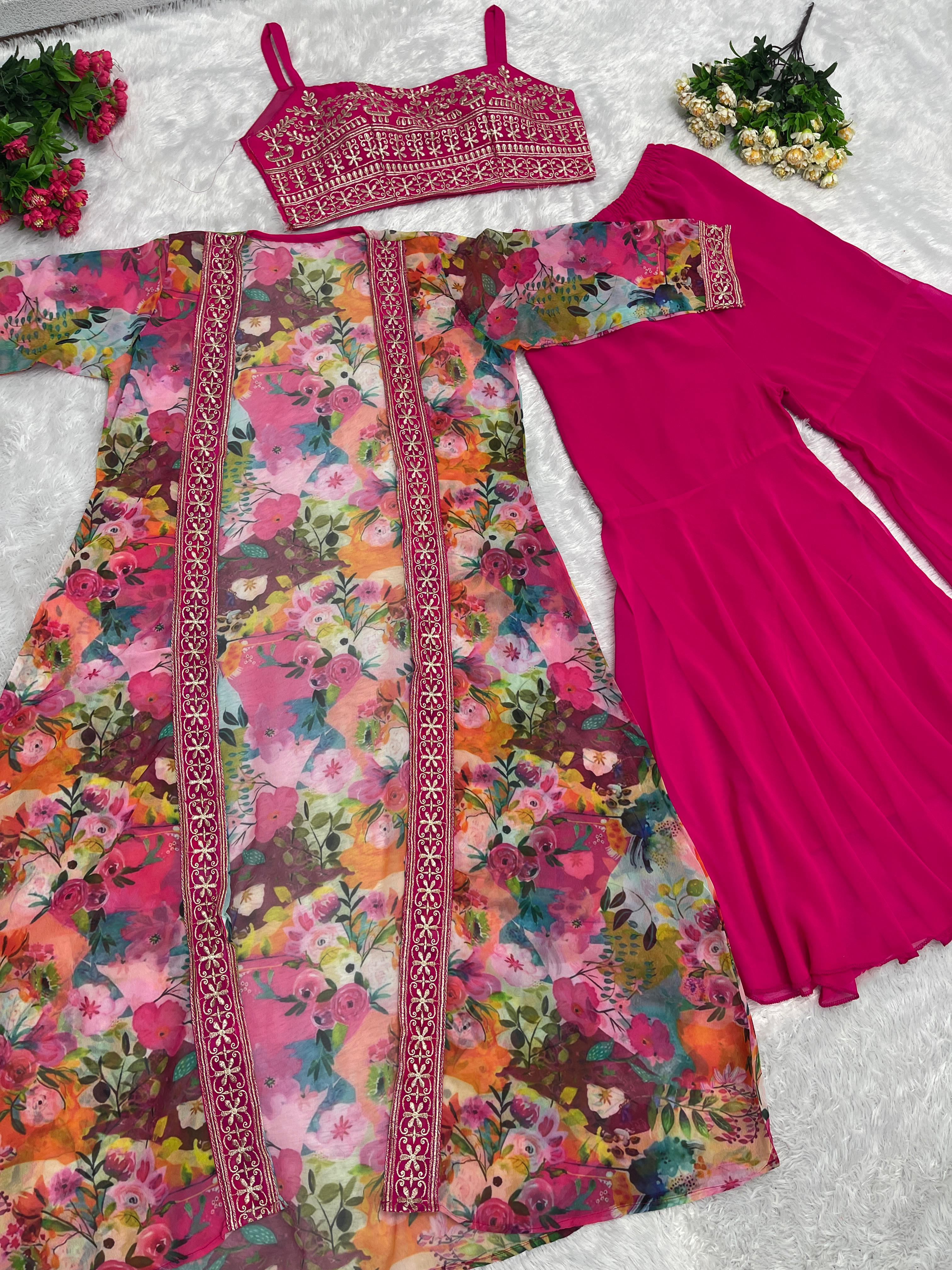 Beautiful  Pink Color Georgette Embroidered Work Sharara Suit