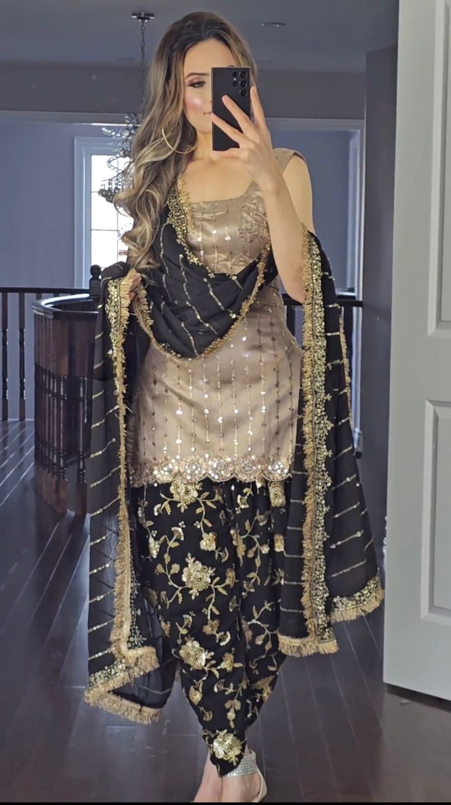 Fashionable Cream And Black Color Embroidery Sequence Work Dhoti Salwar