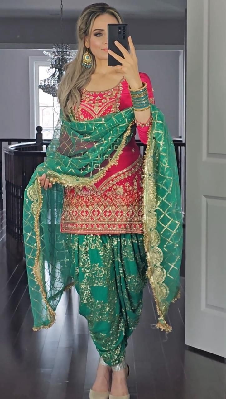 Party Wear Green Color Sequence Work Dhoti Salwar