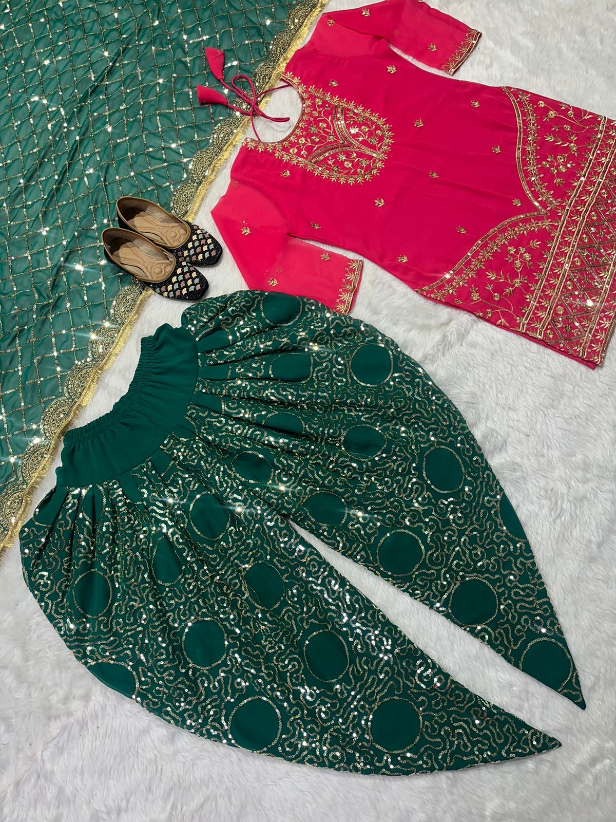 Party Wear Green Color Sequence Work Dhoti Salwar