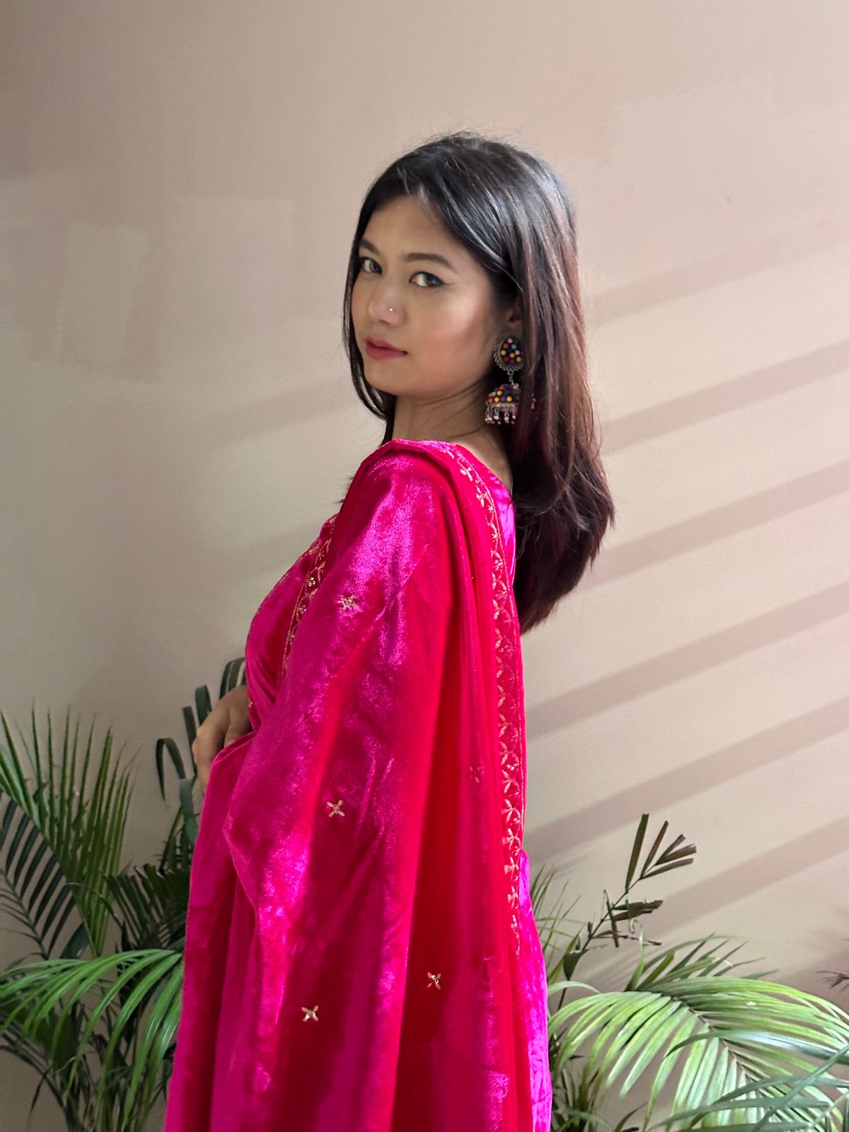 Flattering  Pink Color Velvet Thred Work Anarkali Suit